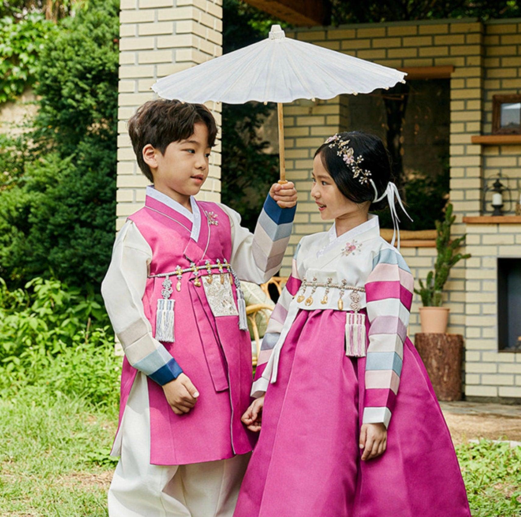Jeongwoo Magenta Stripe Ivory Boy Hanbok (100D-15YR) - Native Korean