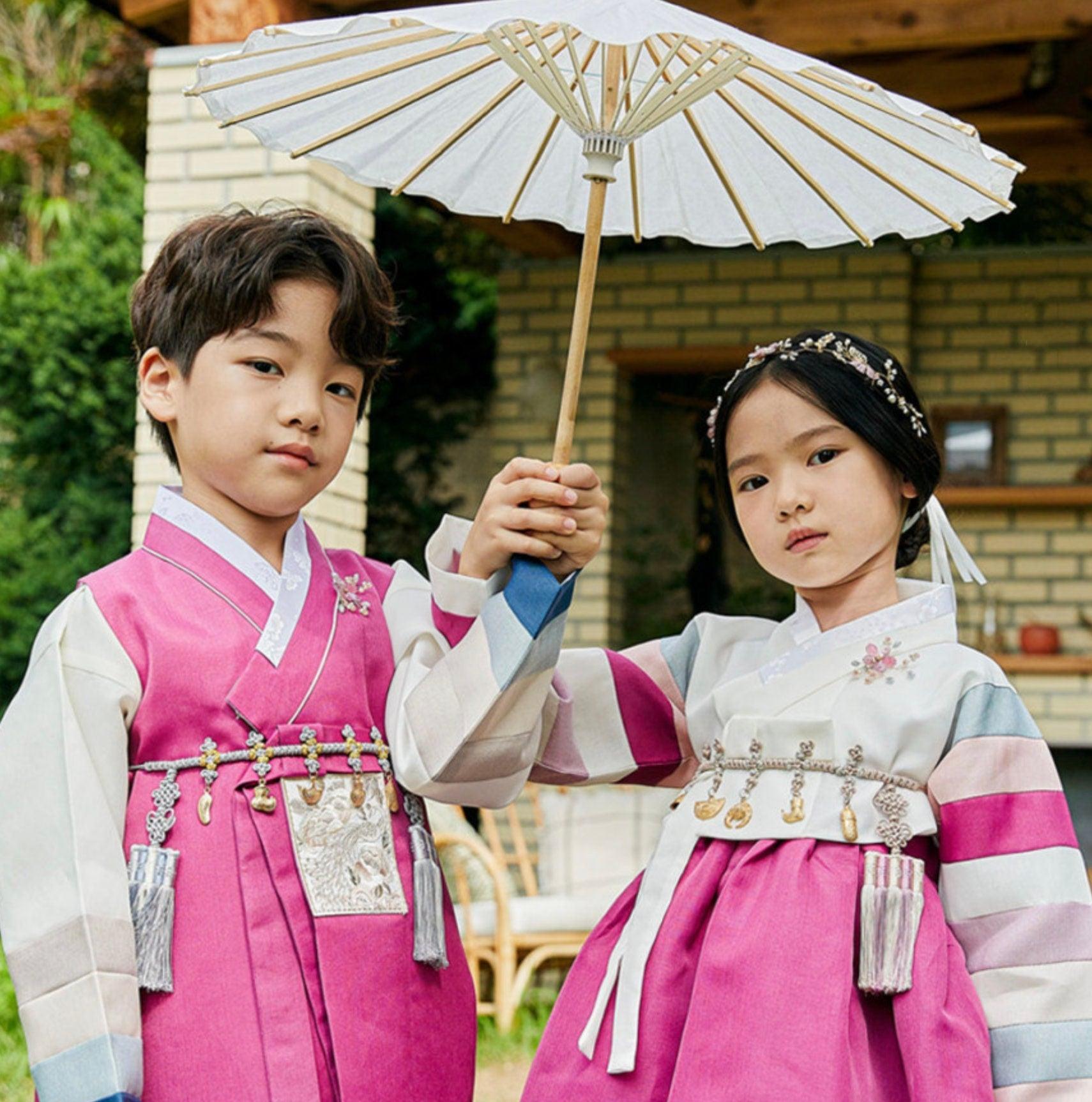 Jeongwoo Magenta Stripe Ivory Boy Hanbok (100D-15YR) - Native Korean