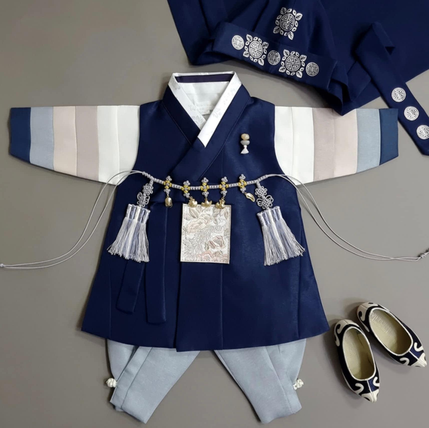 Jeongwoo Navy Stripe Boy Hanbok (100D-15YR) - Native Korean