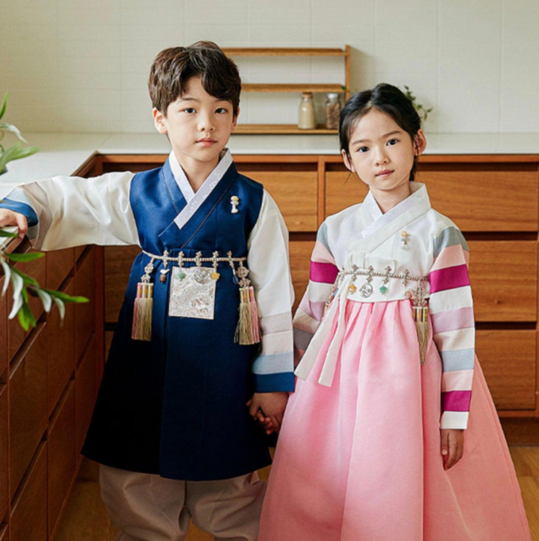 Jeongwoo Navy Stripe Pink Gray Boy Hanbok (100D-15YR) - Native Korean
