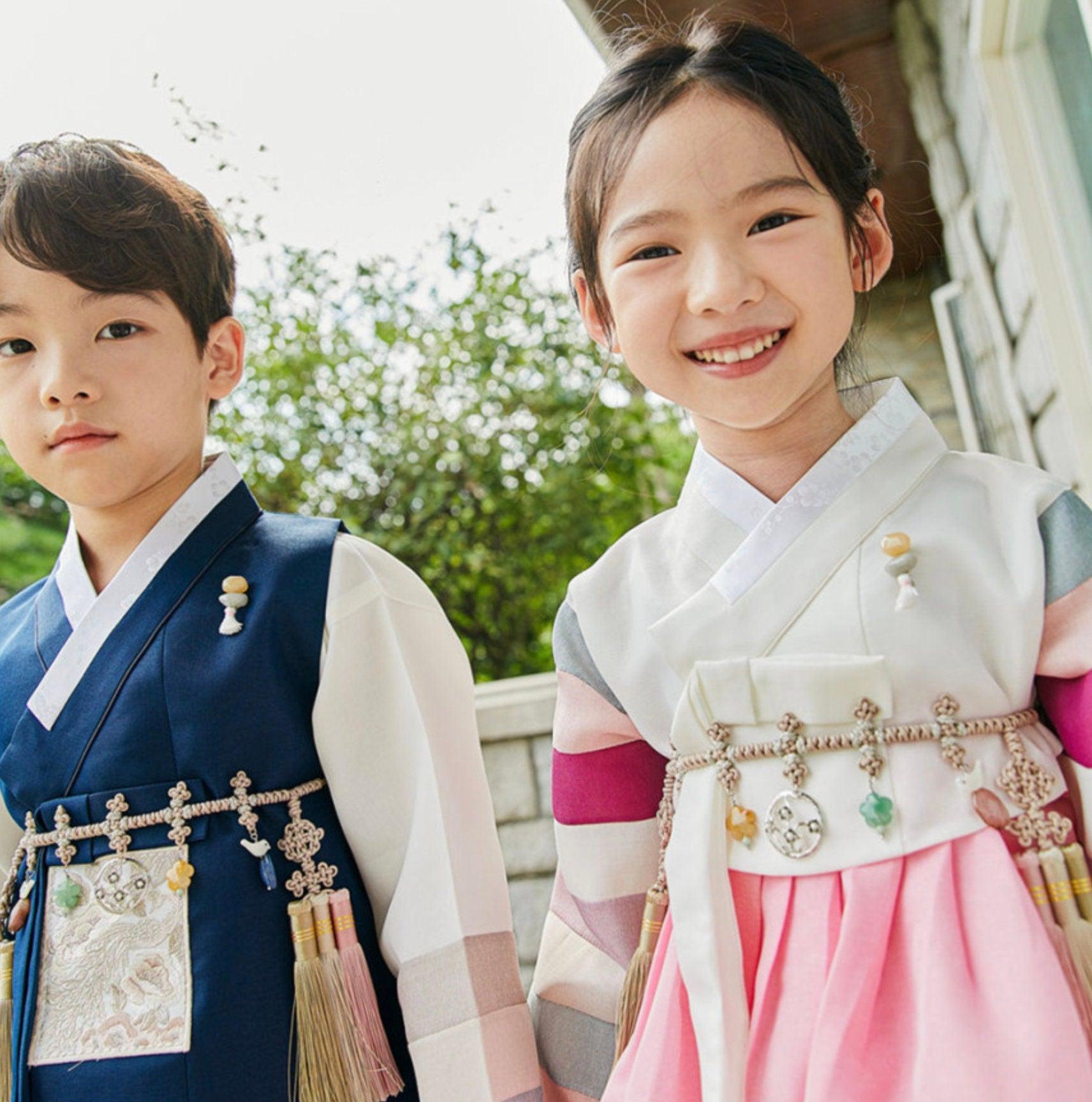 Jeongwoo Navy Stripe Pink Gray Boy Hanbok (100D-15YR) - Native Korean