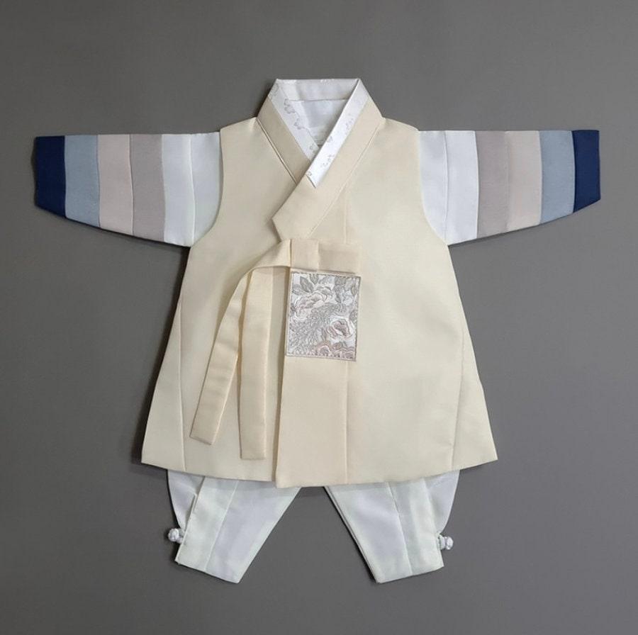 Jeongwoo Yellow Stripe Ivory Boy Hanbok (100D-15YR) - Native Korean