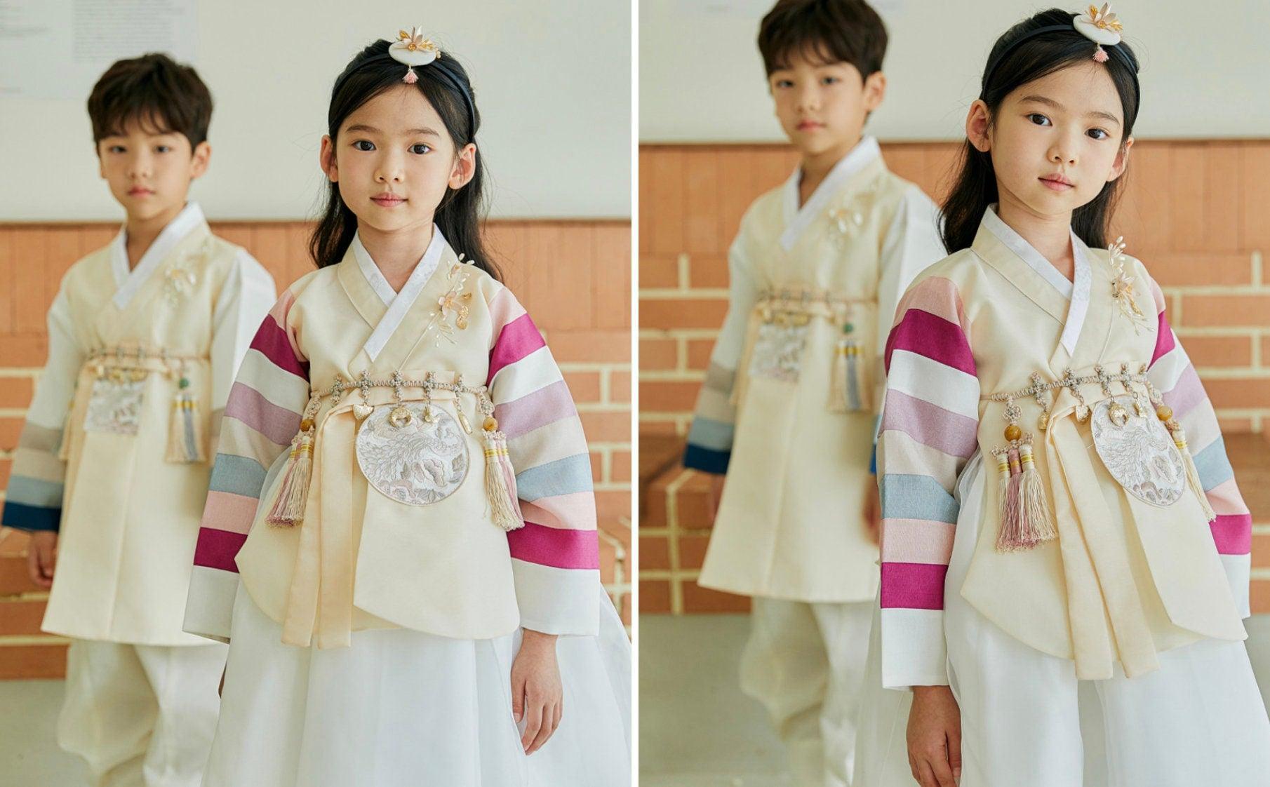 Jeongwoo Yellow Stripe Ivory Boy Hanbok (100D-15YR) - Native Korean
