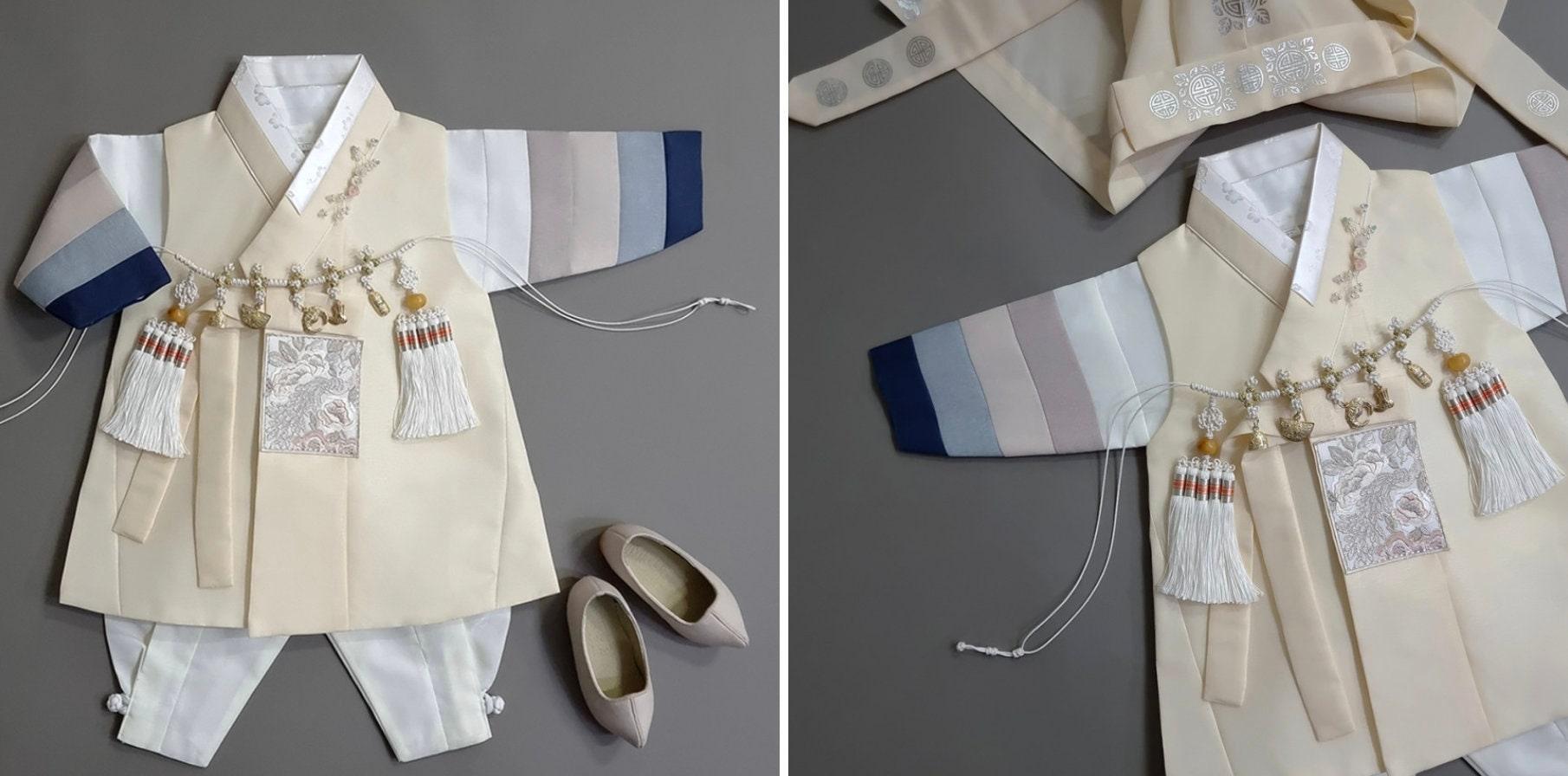 Jeongwoo Yellow Stripe Ivory Boy Hanbok (100D-15YR) - Native Korean