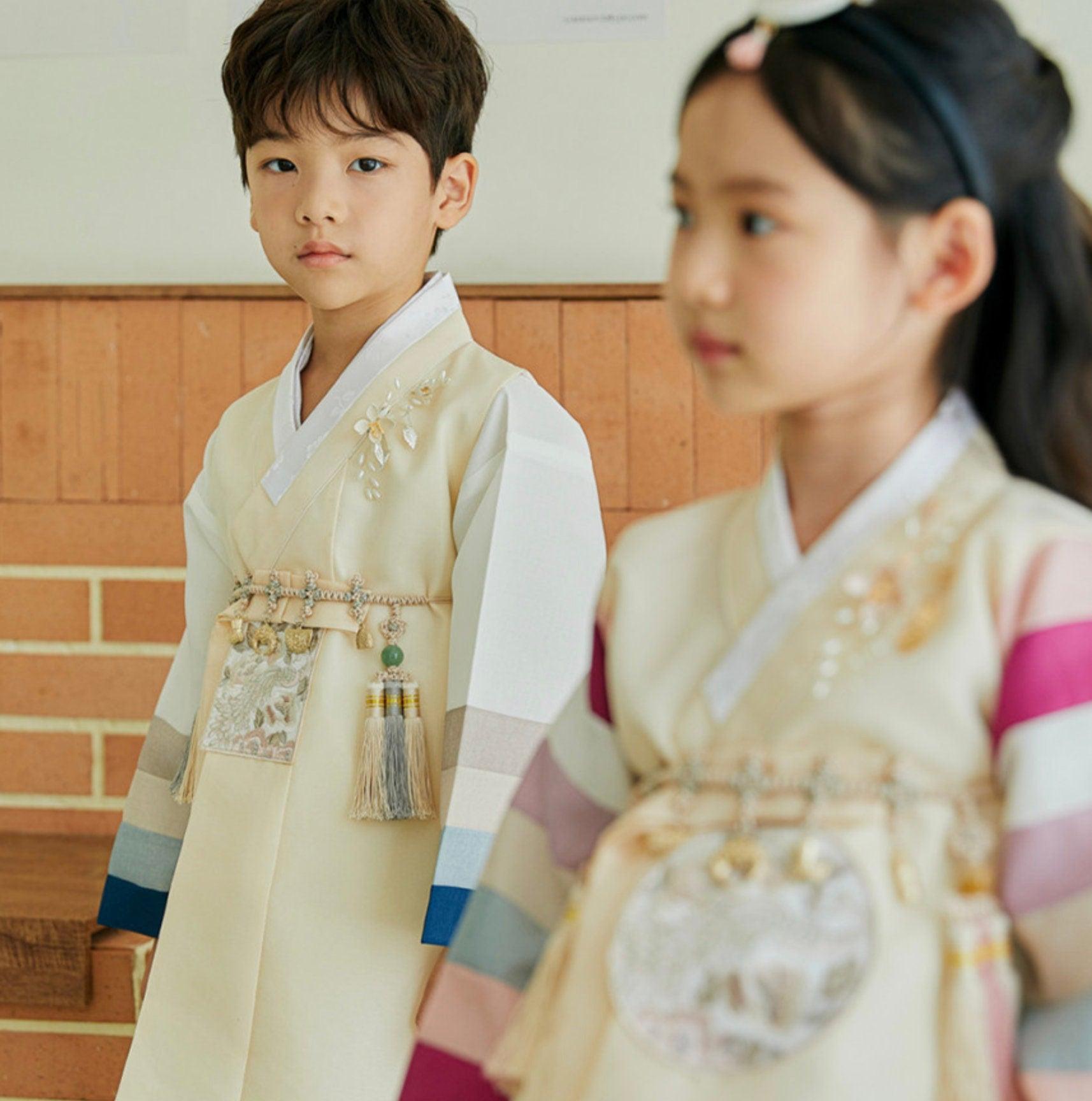 Jeongwoo Yellow Stripe Ivory Boy Hanbok (100D-15YR) - Native Korean