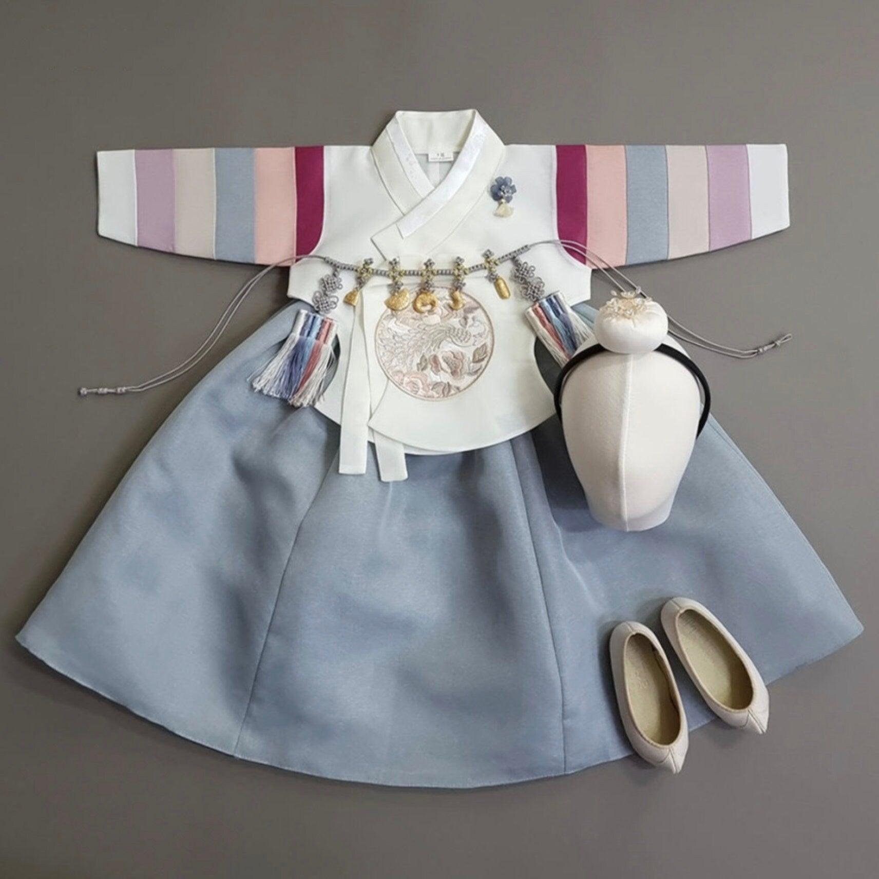 Jeongyun Stripe White D.Sky Skirt Girl Hanbok (100D-15YR) - Native Korean