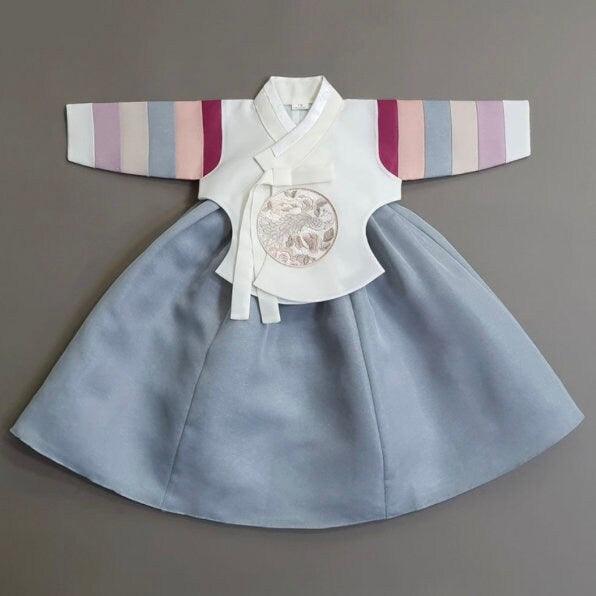 Jeongyun Stripe White D.Sky Skirt Girl Hanbok (100D-15YR) - Native Korean