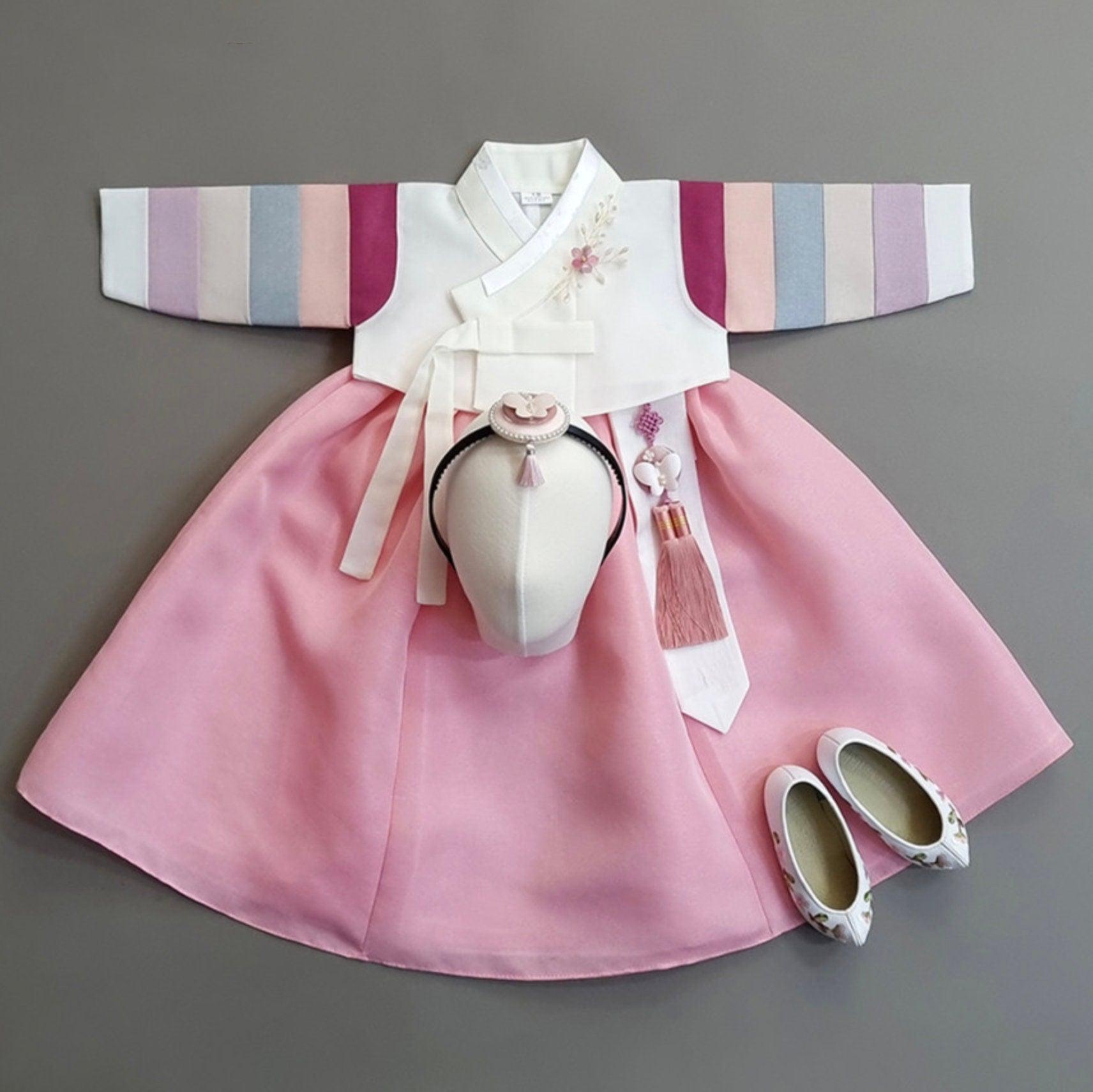 Jeongyun Stripe White Pink Skirt Girl Hanbok (100D-15YR) - Native Korean