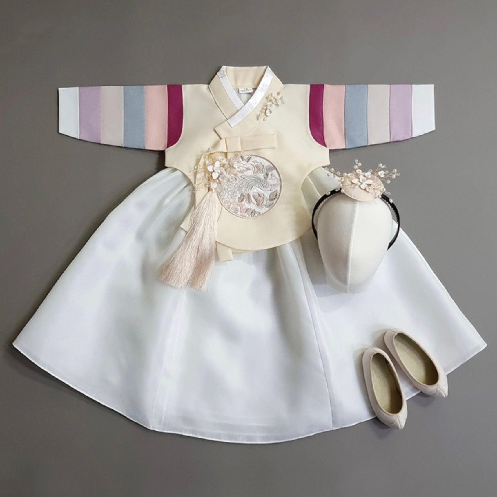 Jeongyun Stripe White Skirt Girl Hanbok (100D-15YR) - Native Korean