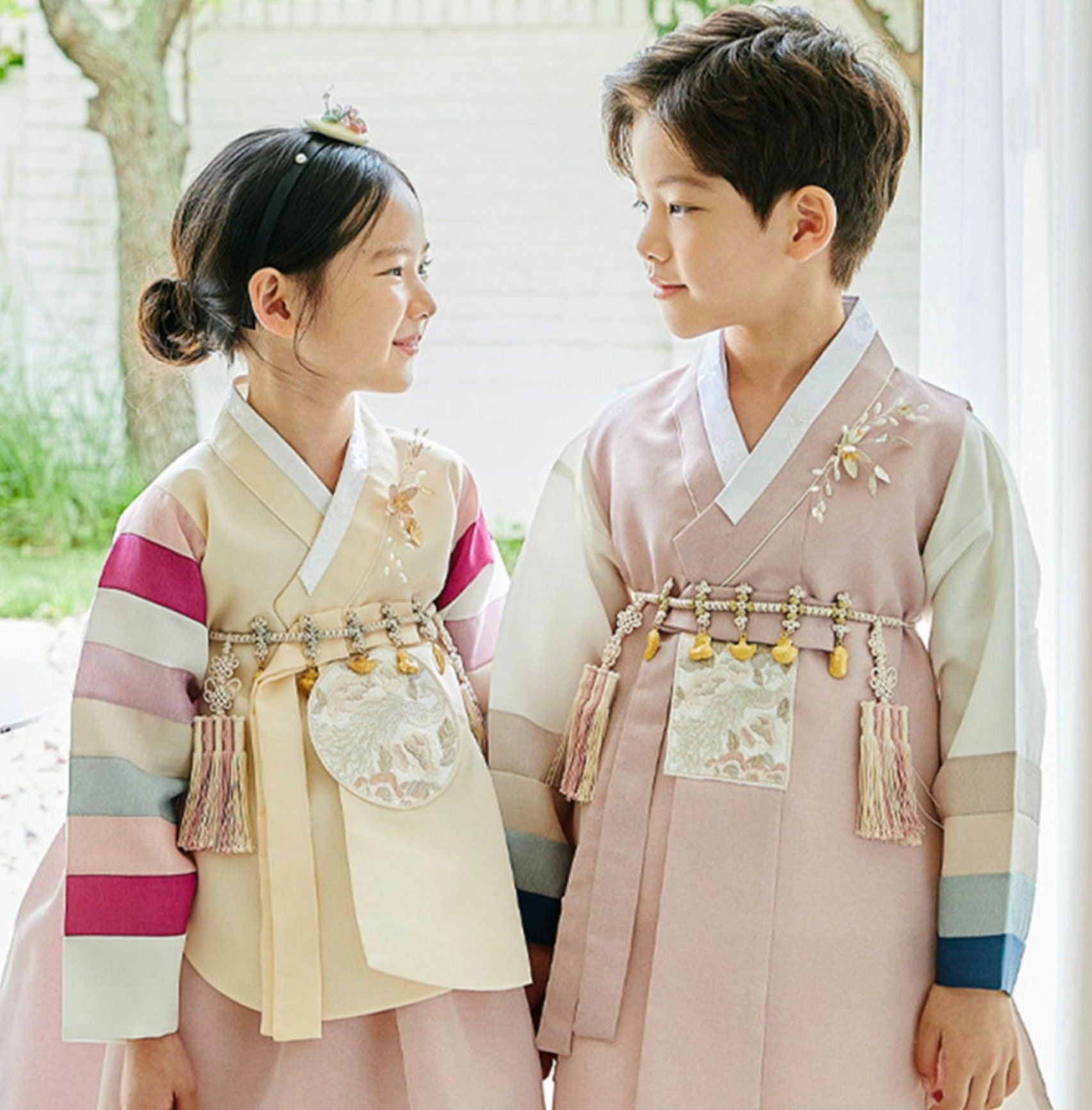 Jeongyun Stripe Yellow Indie Pink Skirt Girl Hanbok (100D-15YR) - Native Korean