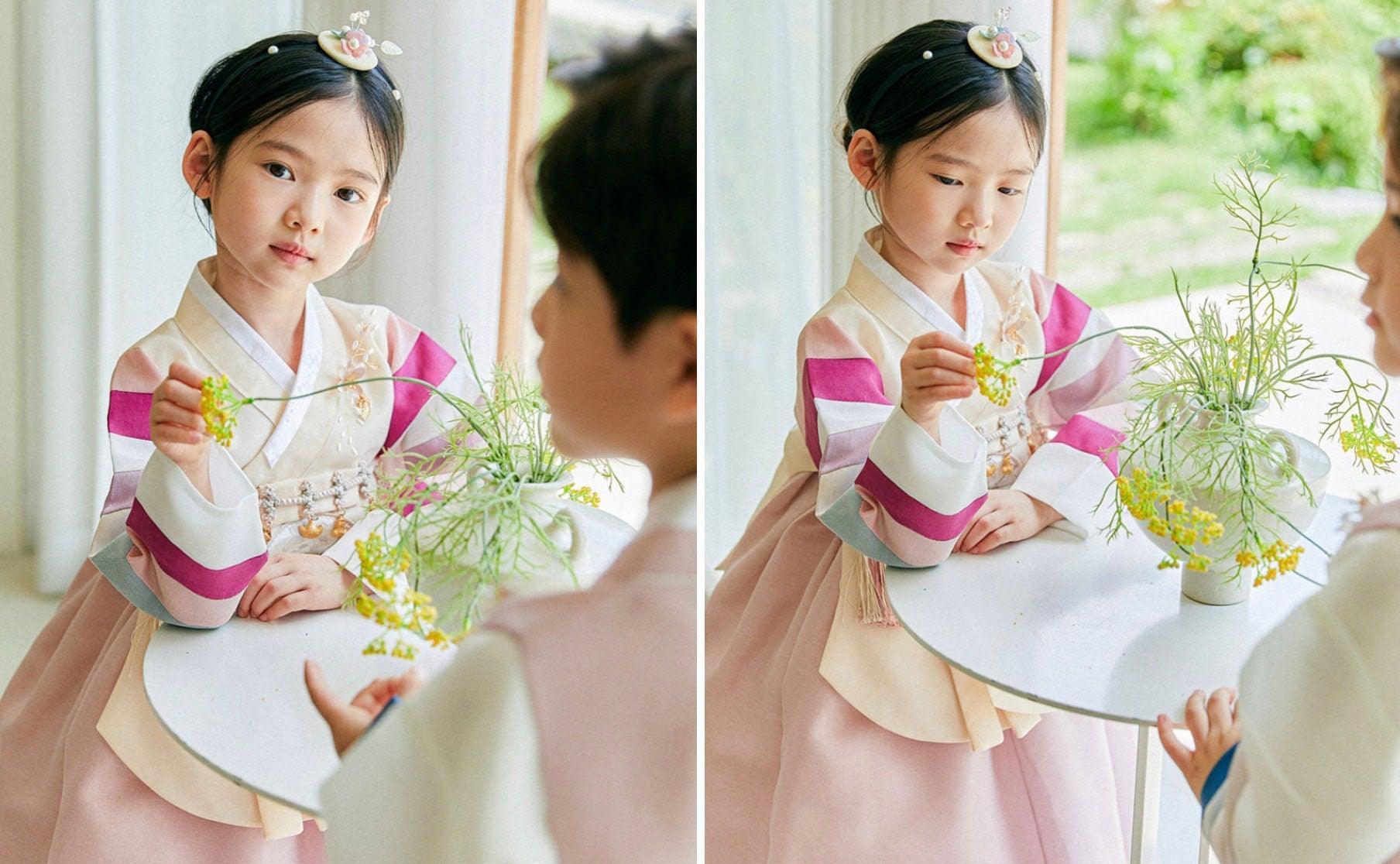 Jeongyun Stripe Yellow Indie Pink Skirt Girl Hanbok (100D-15YR) - Native Korean