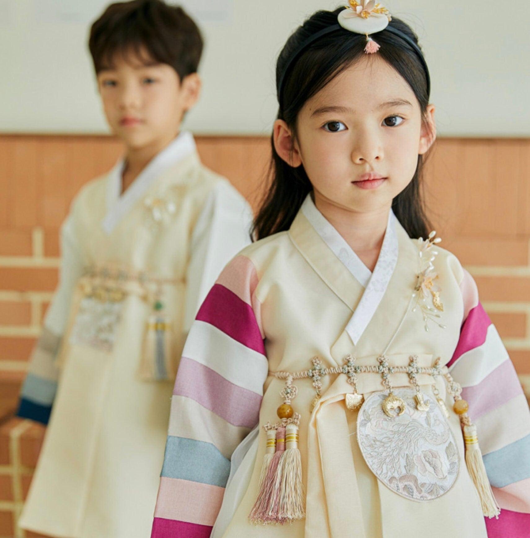 Jeongyun Stripe Yellow White Skirt Girl Hanbok (100D-15YR) - Native Korean