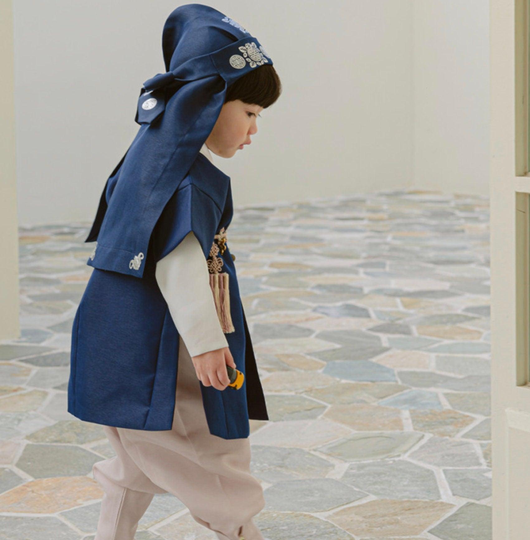 Joon Navy Solid Beige Boy Hanbok (100D-10YR) - Native Korean