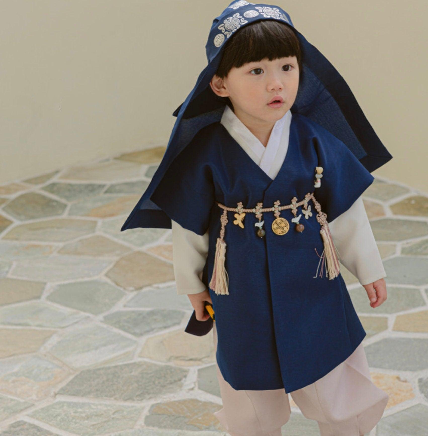 Joon Navy Solid Beige Boy Hanbok (100D-10YR) - Native Korean