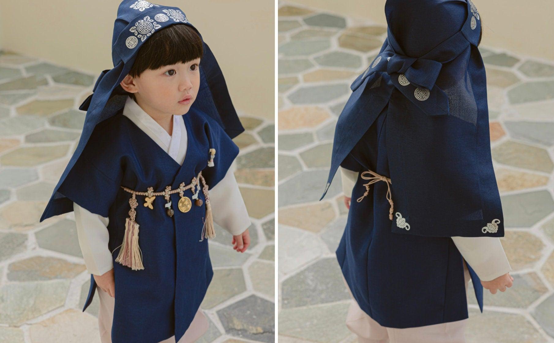 Joon Navy Solid Beige Boy Hanbok (100D-10YR) - Native Korean