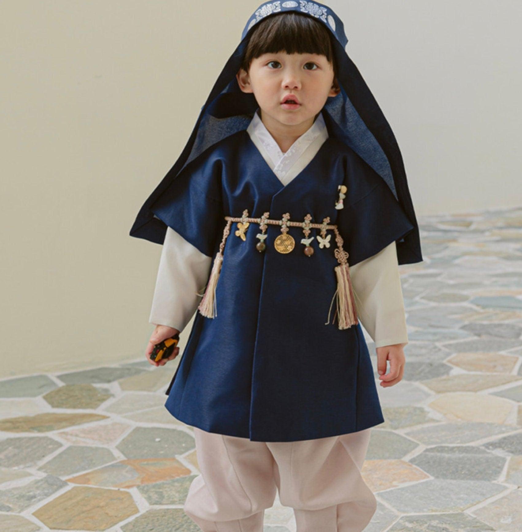 Joon Navy Solid Beige Boy Hanbok (100D-10YR) - Native Korean