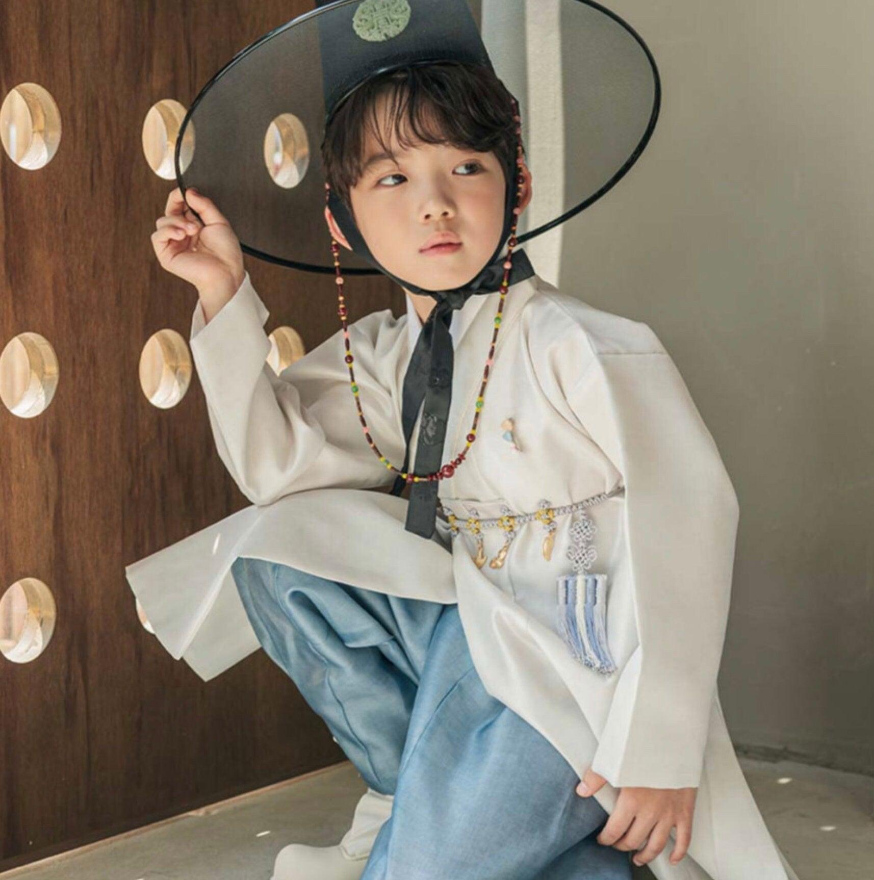 Joonhee Light Beige Blue Boy Hanbok (100D-10YR) - Native Korean