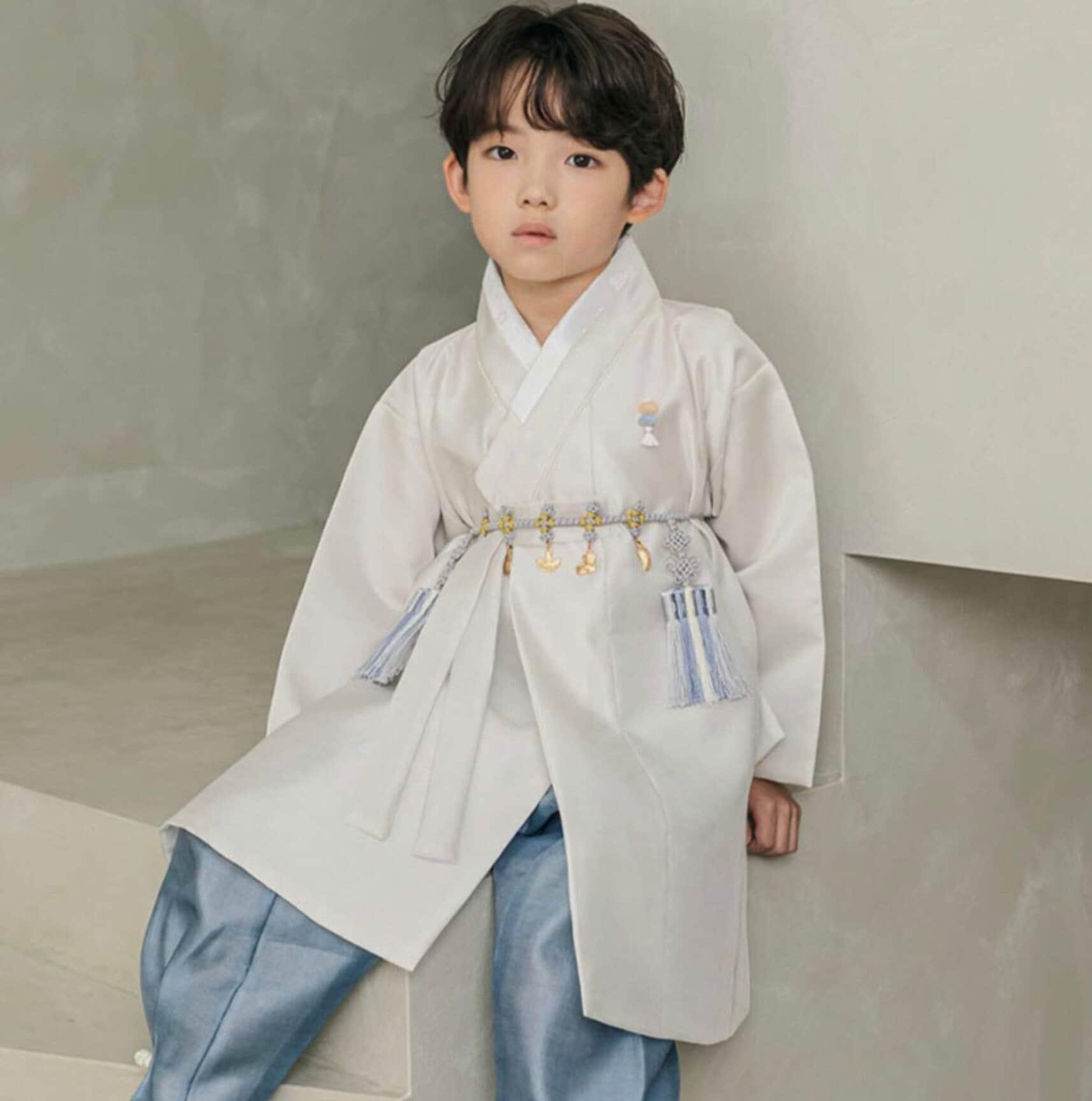 Joonhee Light Beige Blue Boy Hanbok (100D-10YR) - Native Korean