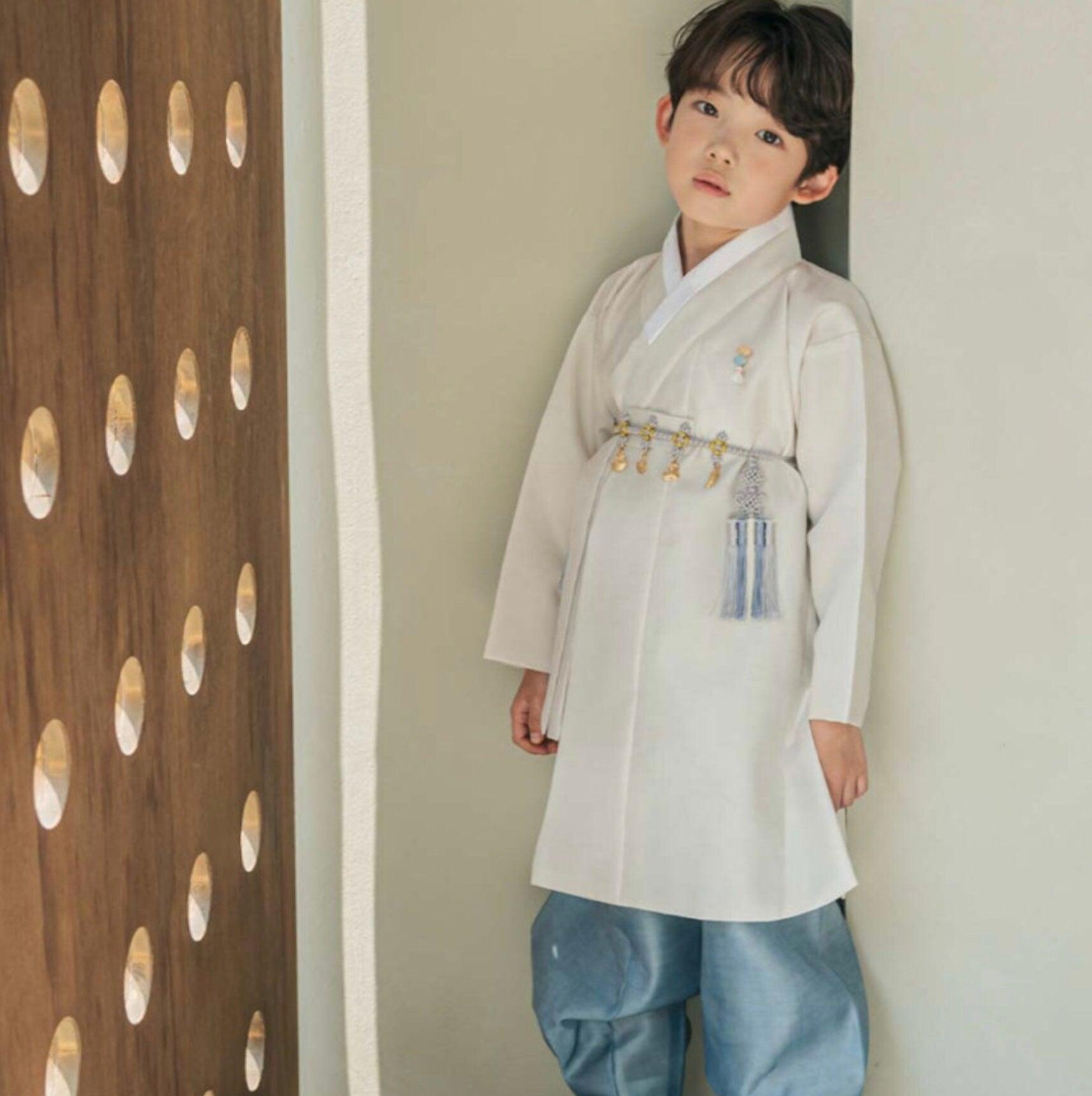 Joonhee Light Beige Blue Boy Hanbok (100D-10YR) - Native Korean