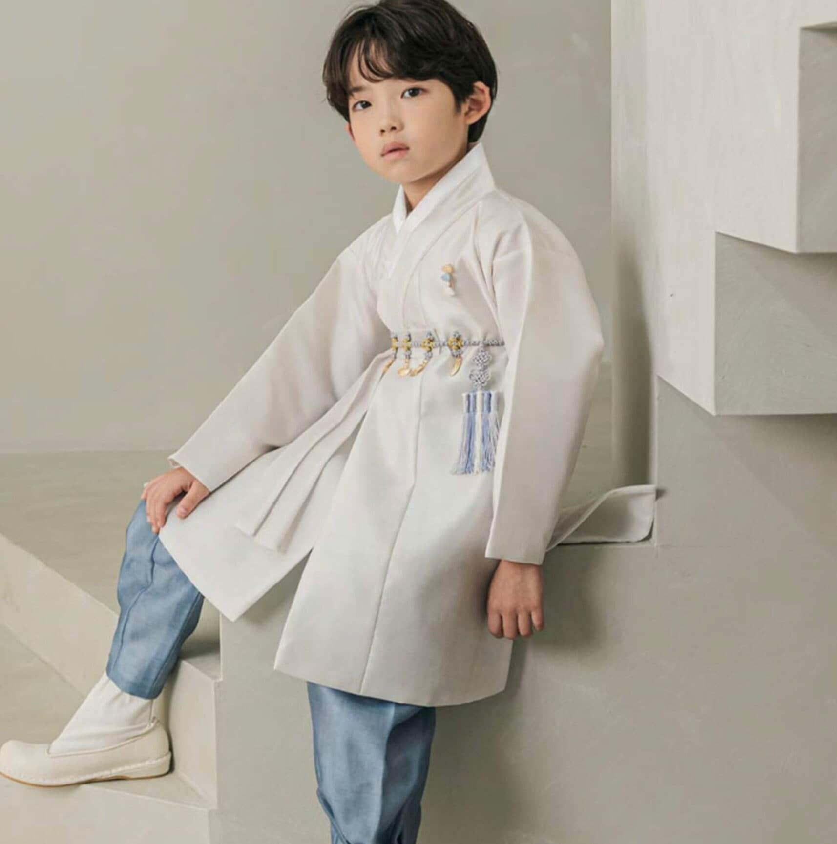 Joonhee Light Beige Blue Boy Hanbok (100D-10YR) - Native Korean