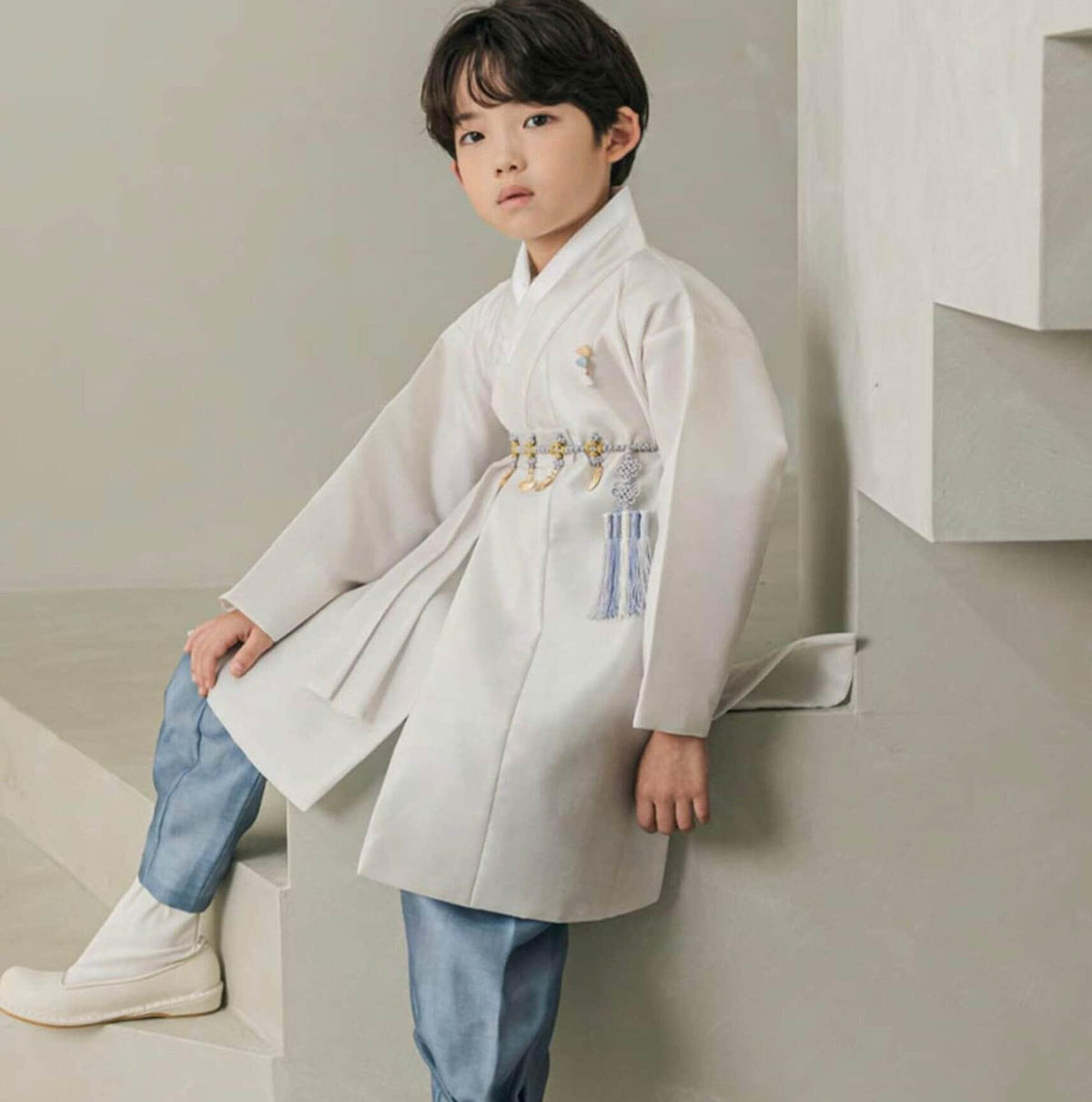 Joonhee Light Beige Blue Boy Hanbok (100D-10YR)