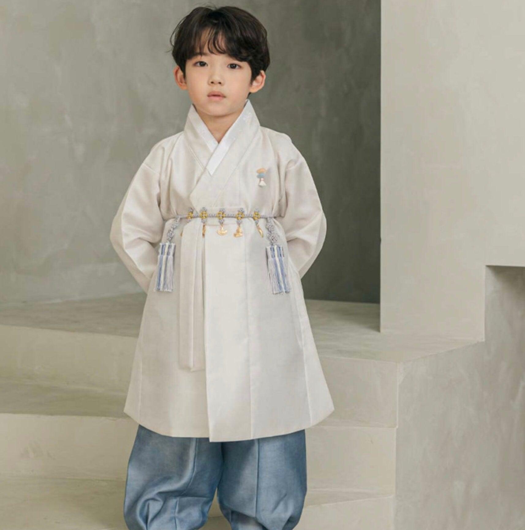 Joonhee Light Beige Blue Boy Hanbok (100D-10YR) - Native Korean