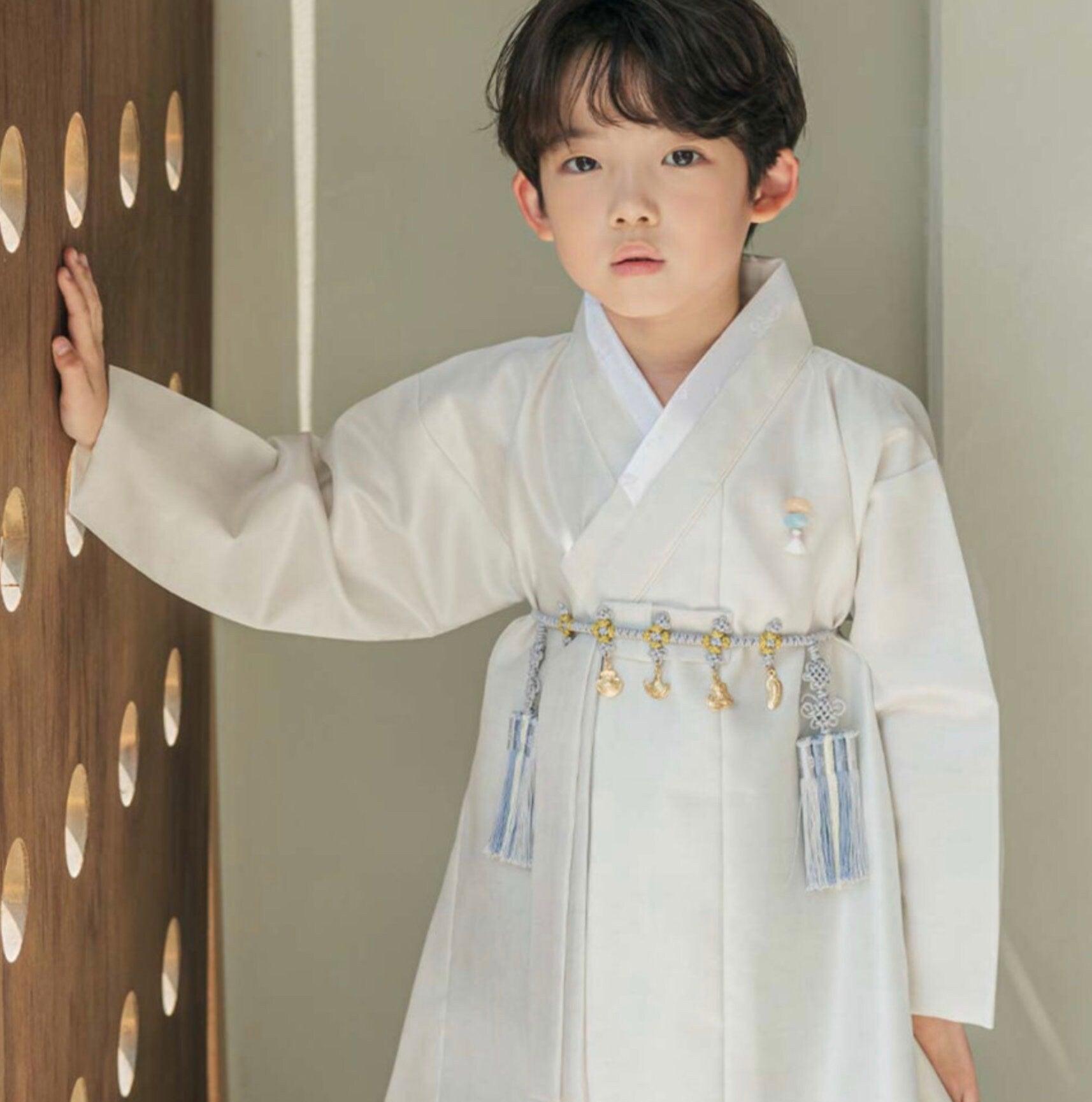 Joonhee Light Beige Blue Boy Hanbok (100D-10YR) - Native Korean