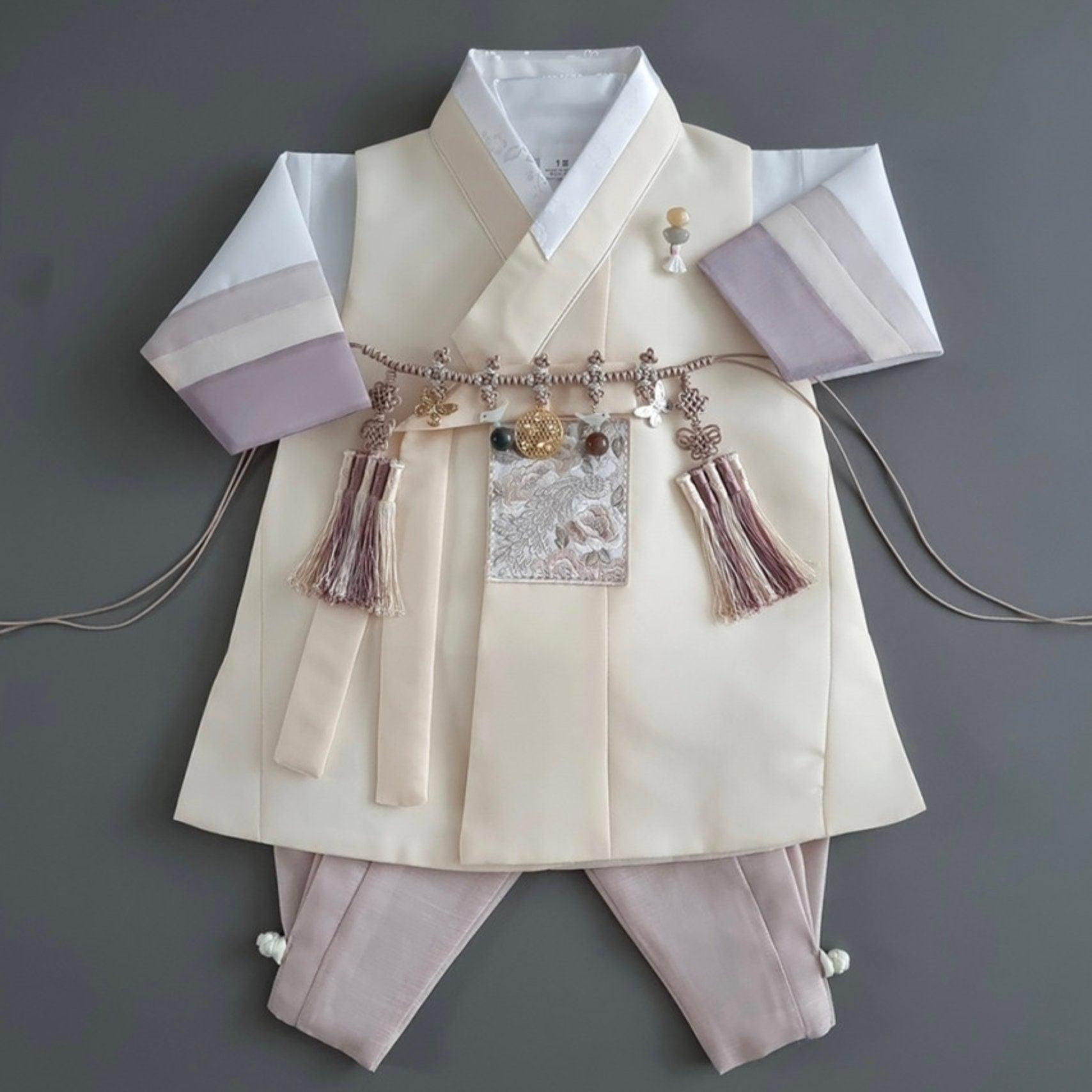 Junwoo Yellow Stripe Beige Boy Hanbok (100D-15YR) - Native Korean