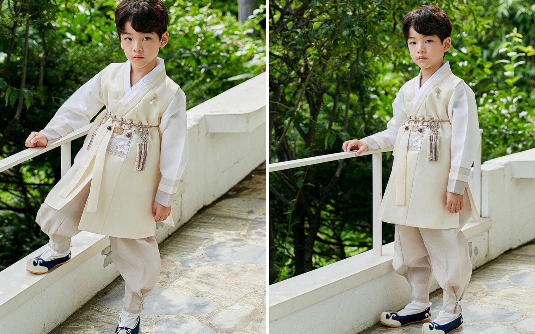 Junwoo Yellow Stripe Beige Boy Hanbok (100D-15YR) - Native Korean