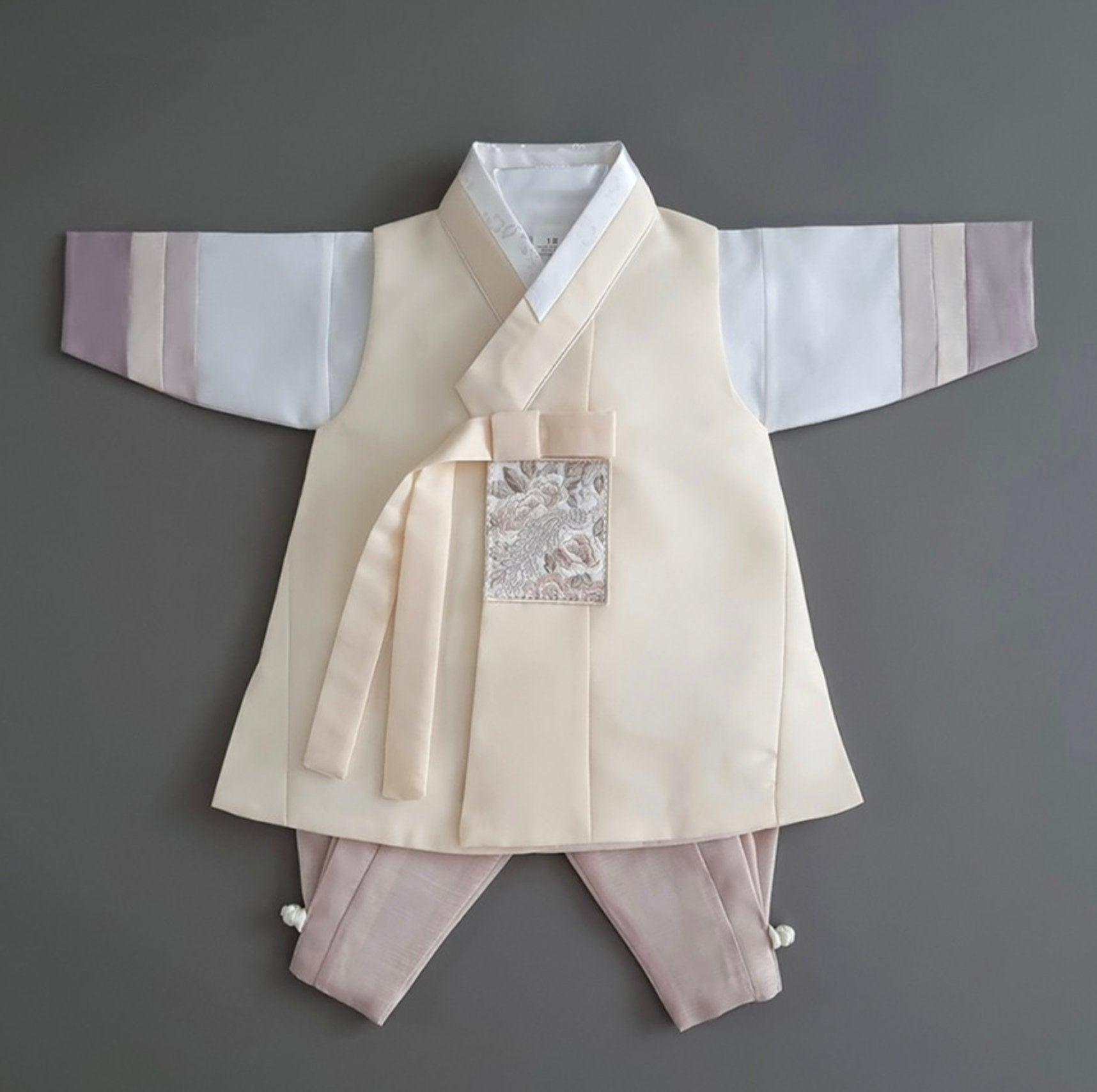 Junwoo Yellow Stripe Beige Boy Hanbok (100D-15YR) - Native Korean
