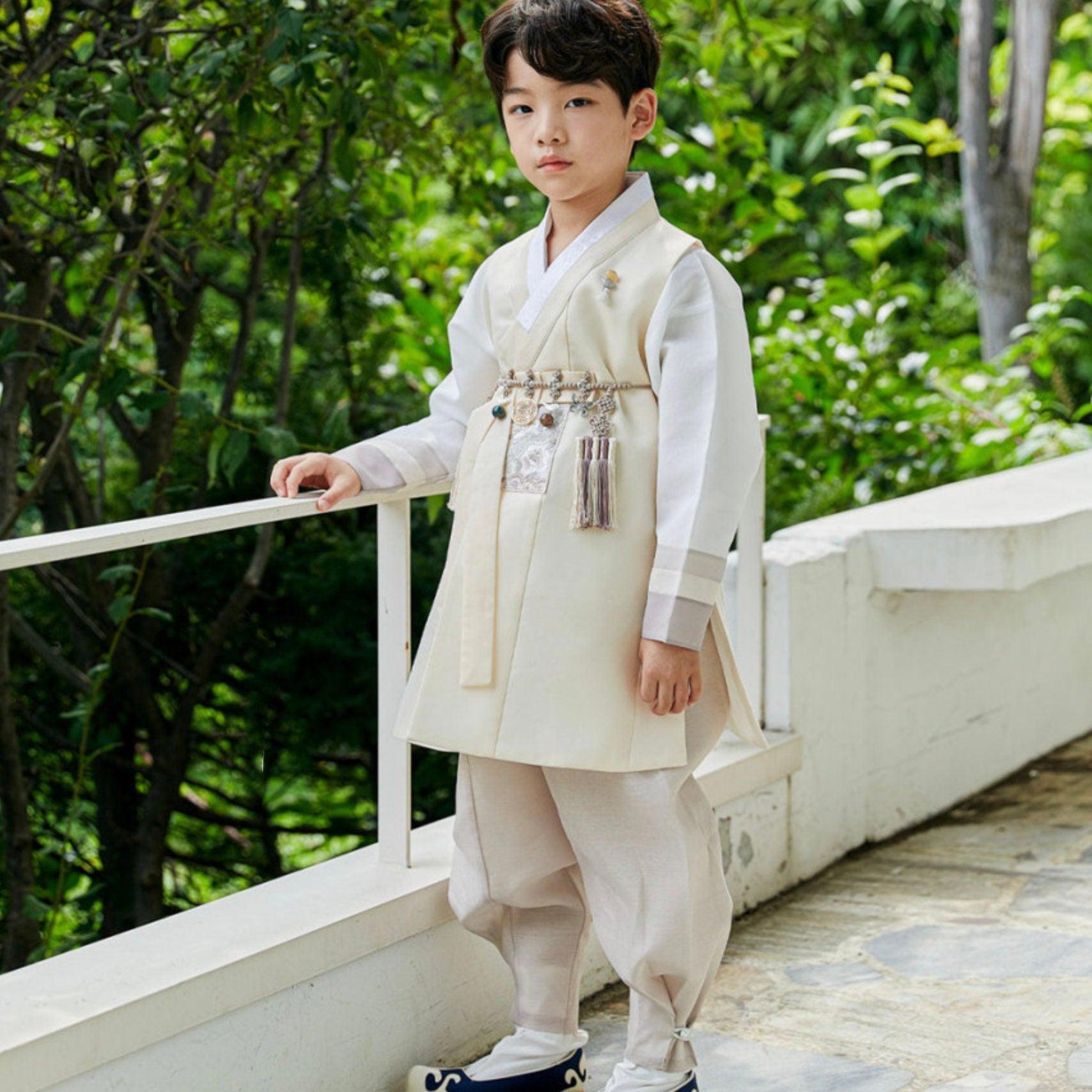 Junwoo Yellow Stripe Beige Boy Hanbok (100D-15YR) - Native Korean