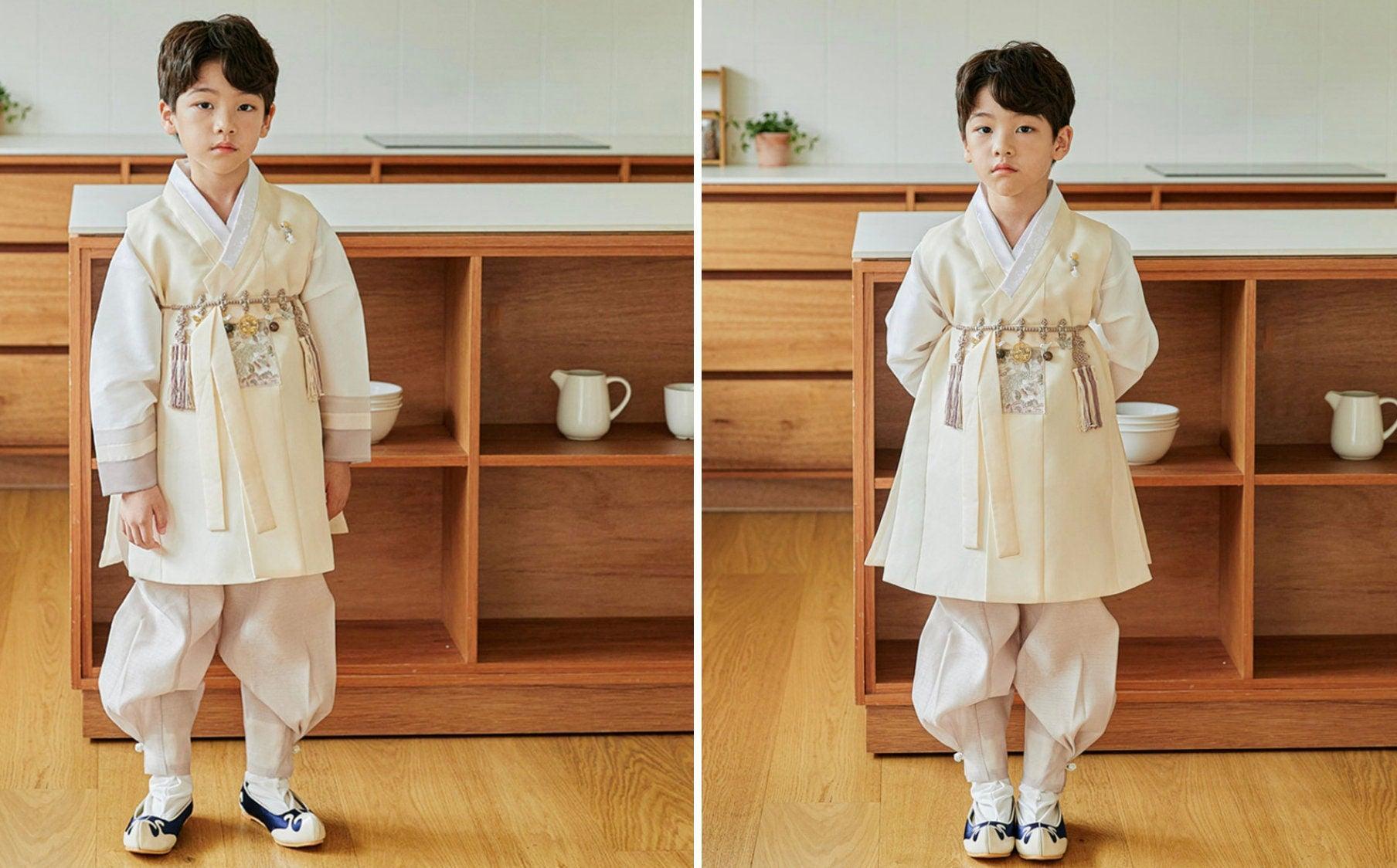 Junwoo Yellow Stripe Beige Boy Hanbok (100D-15YR) - Native Korean