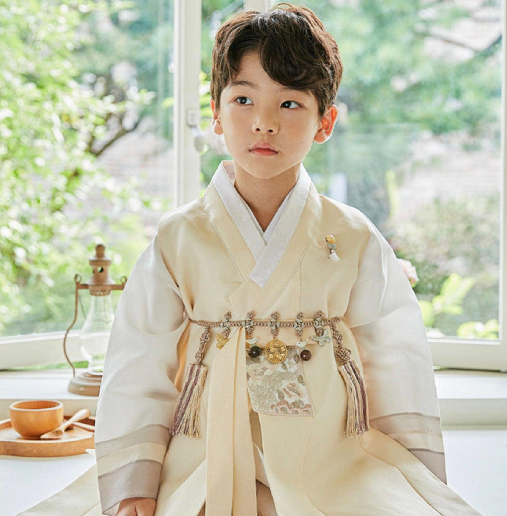 Junwoo Yellow Stripe Beige Boy Hanbok (100D-15YR) - Native Korean