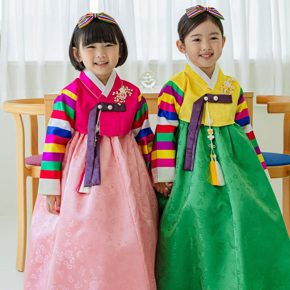 Seunju Yellow Jeogori Green Skirt Girl Hanbok (100D-10YR)