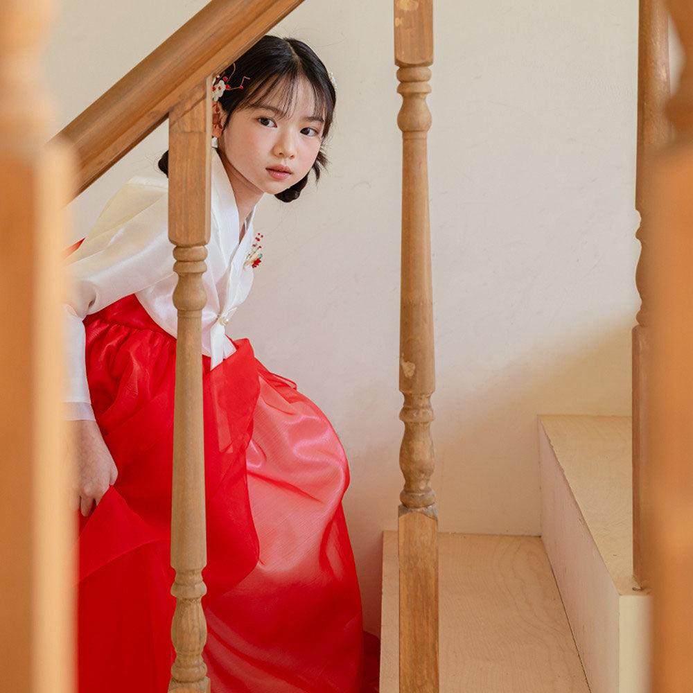 Youl Flared Red Girl Hanbok (100D-15YR) - Native Korean