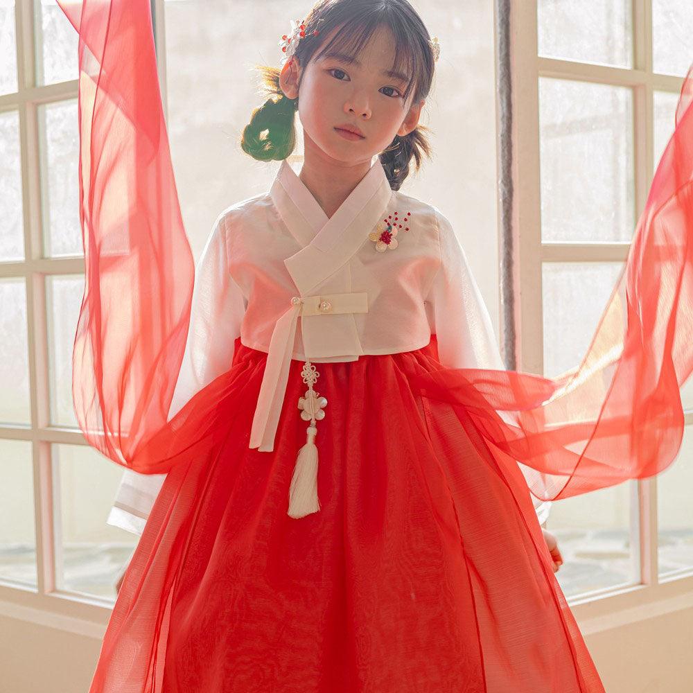 Youl Flared Red Girl Hanbok (100D-15YR) - Native Korean