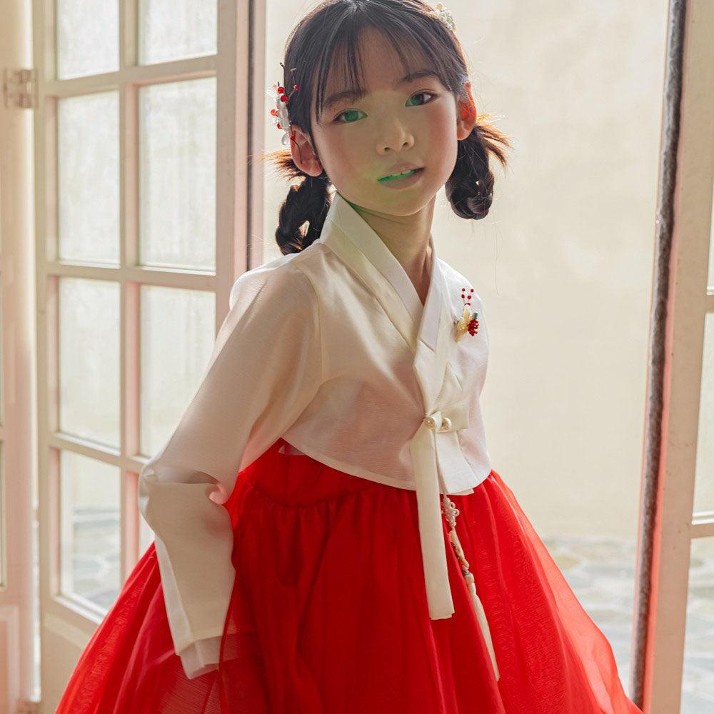 Youl Flared Red Girl Hanbok (100D-15YR) - Native Korean