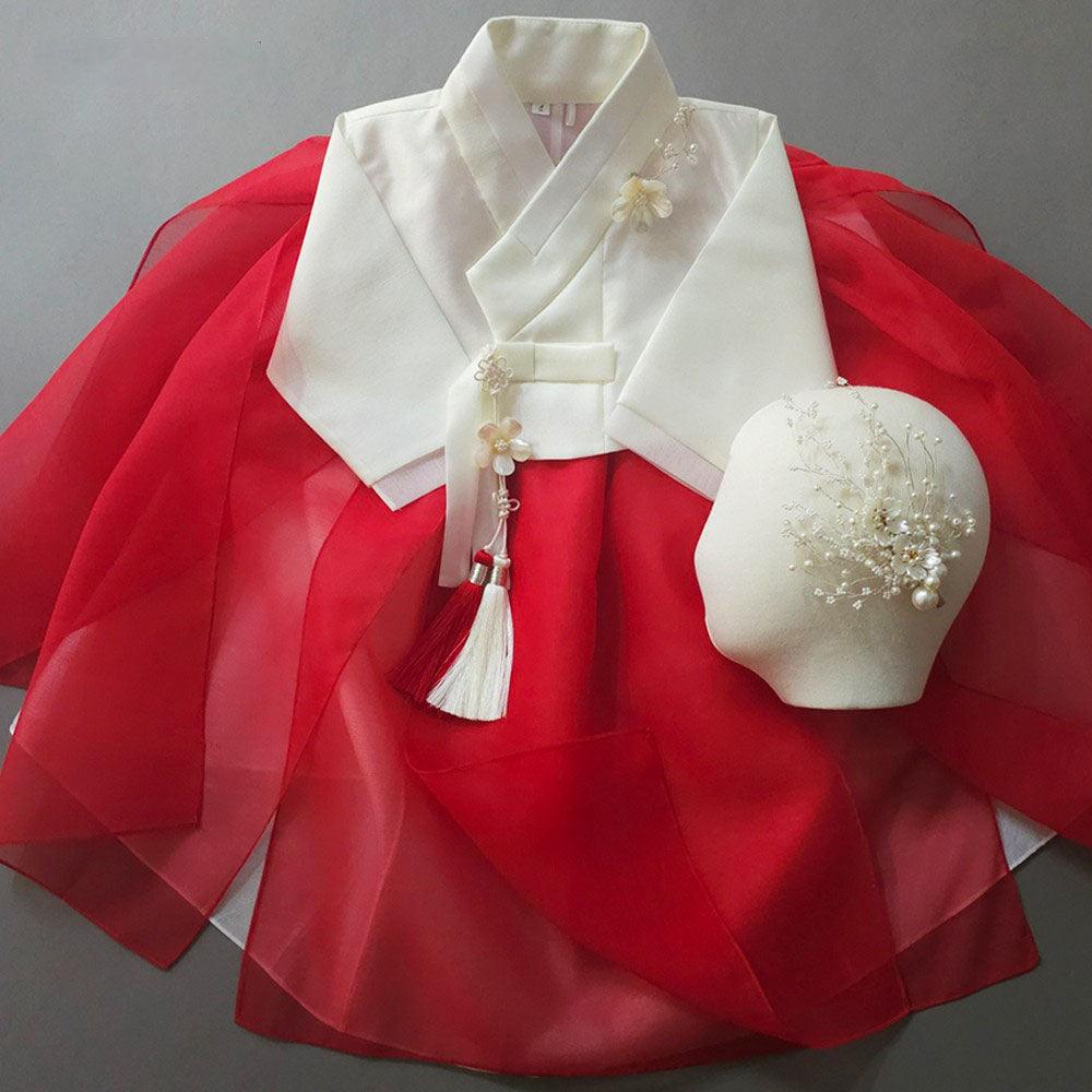 Youl Flared Red Girl Hanbok (100D-15YR) - Native Korean