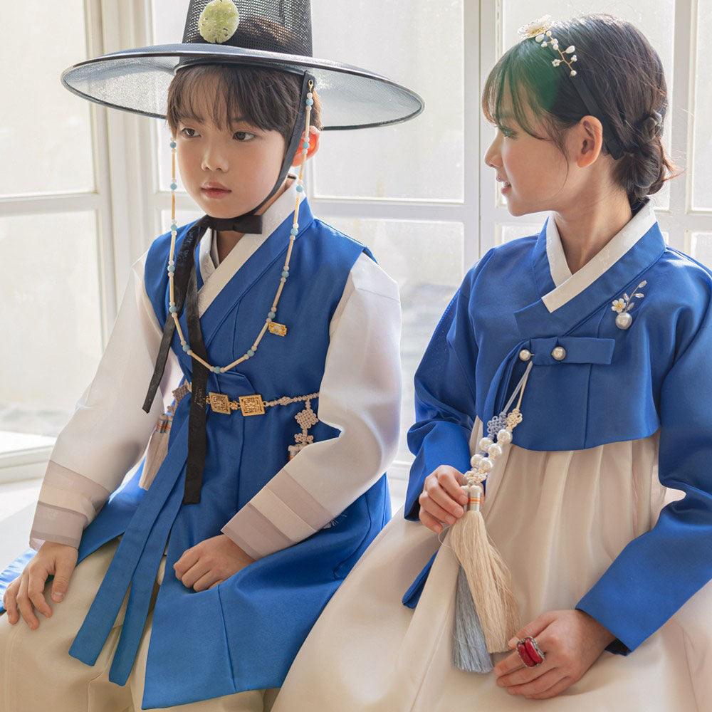 Yumin Blue Beige Girl Hanbok (100D-15YR) - Native Korean