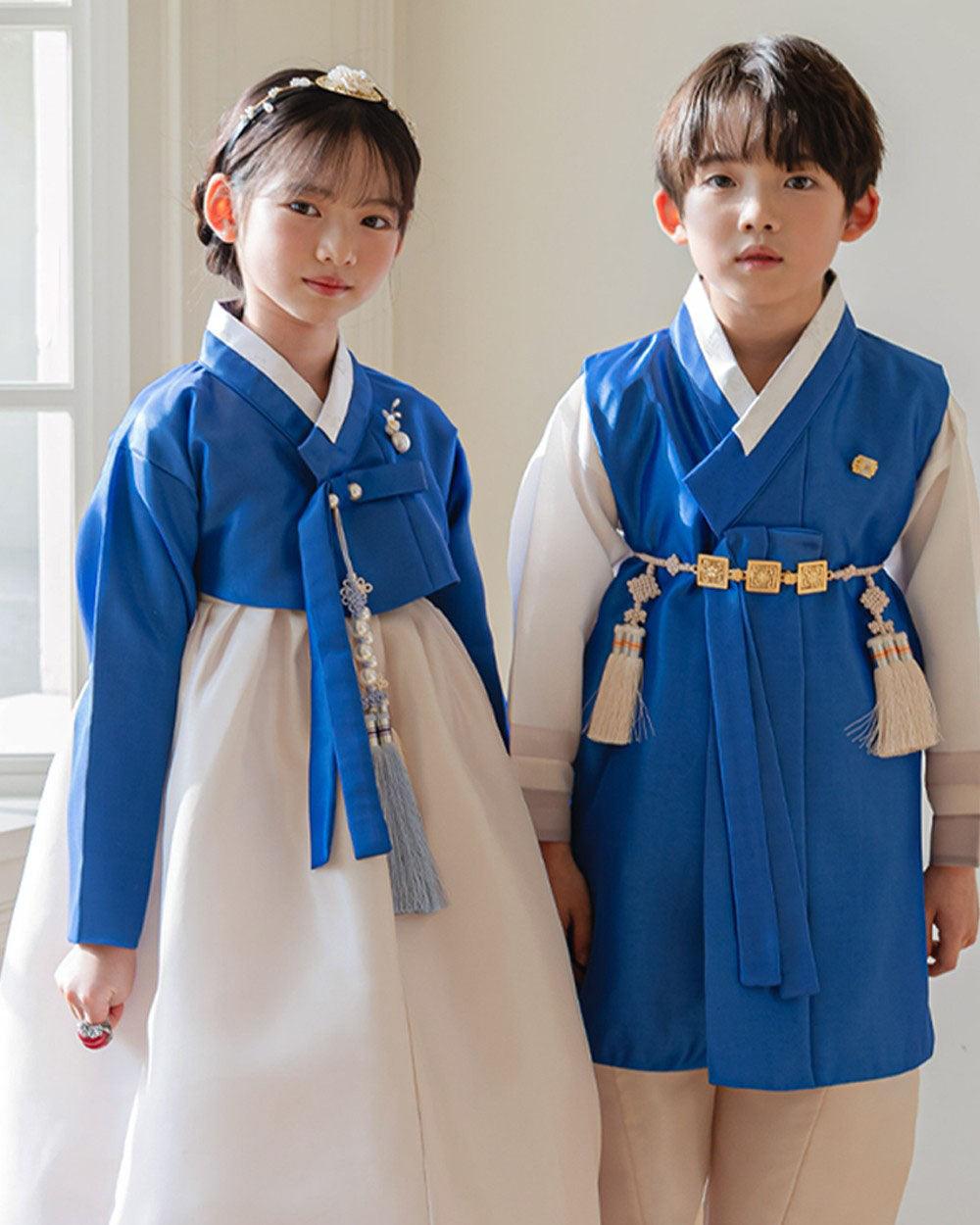 Yumin Blue Beige Girl Hanbok (100D-15YR) - Native Korean