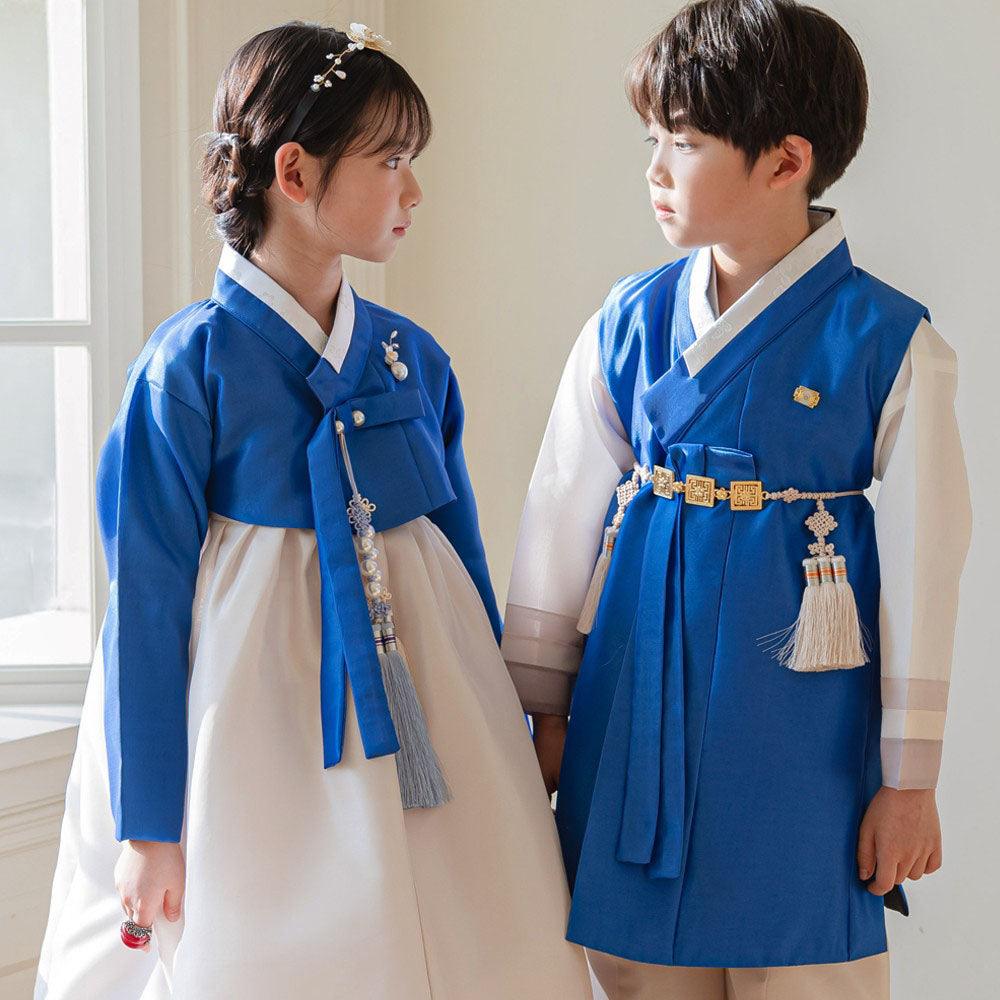 Yumin Blue Beige Girl Hanbok (100D-15YR) - Native Korean