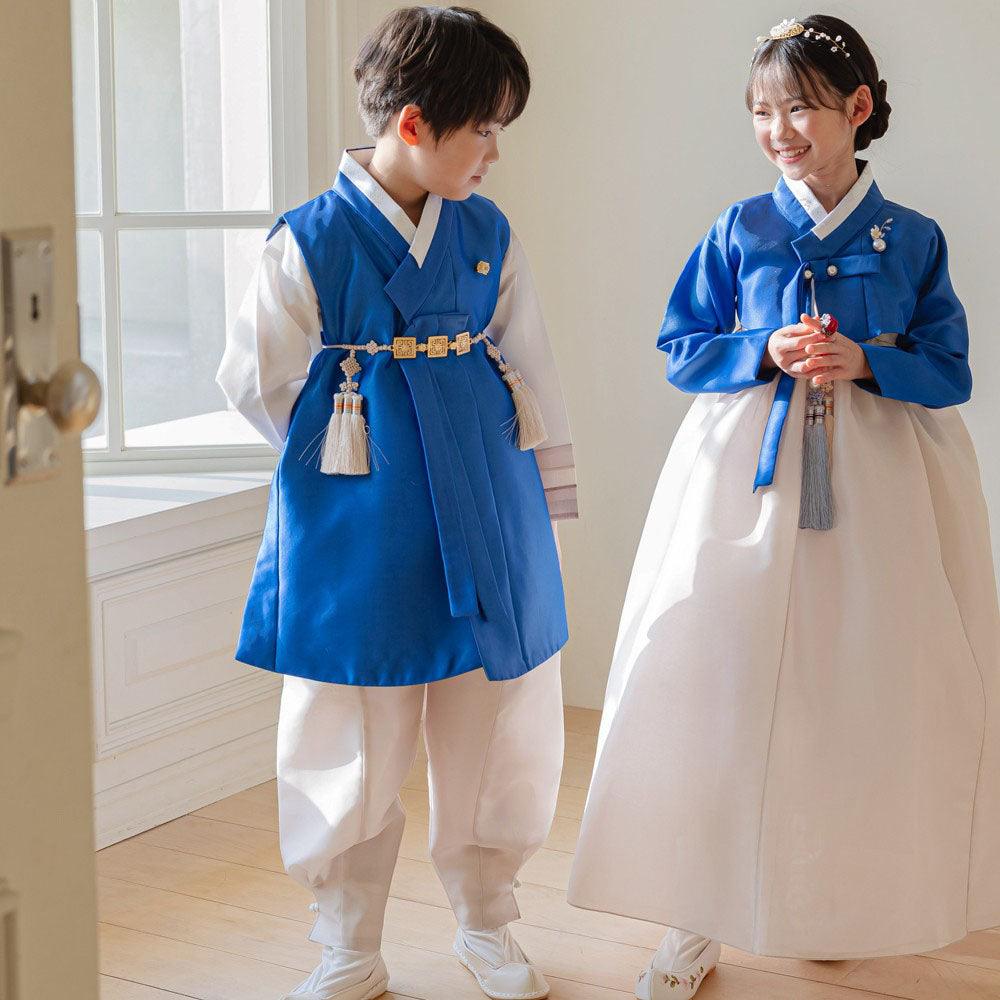 Yumin Blue Beige Girl Hanbok (100D-15YR) - Native Korean