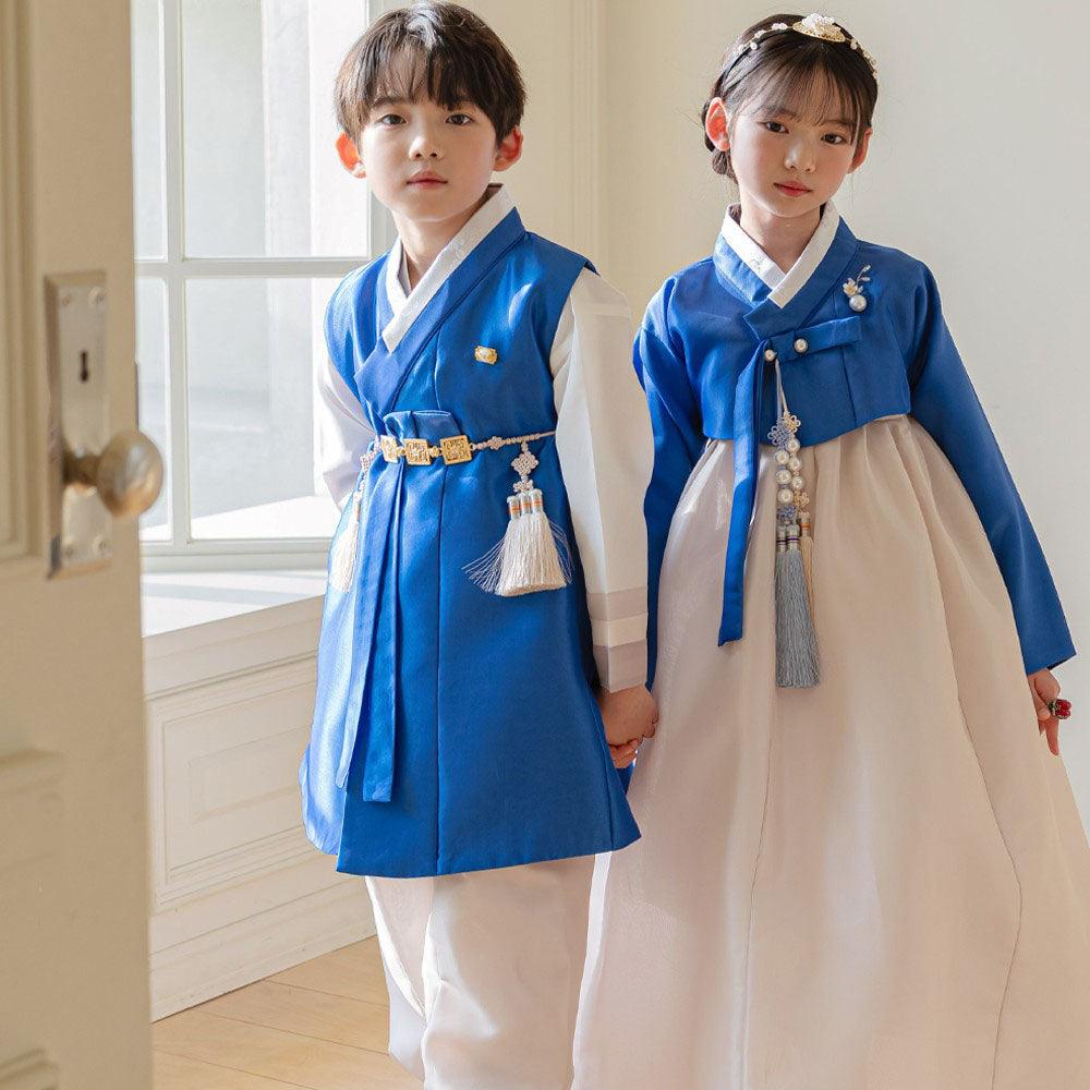 Yumin Blue Beige Girl Hanbok (100D-15YR) - Native Korean