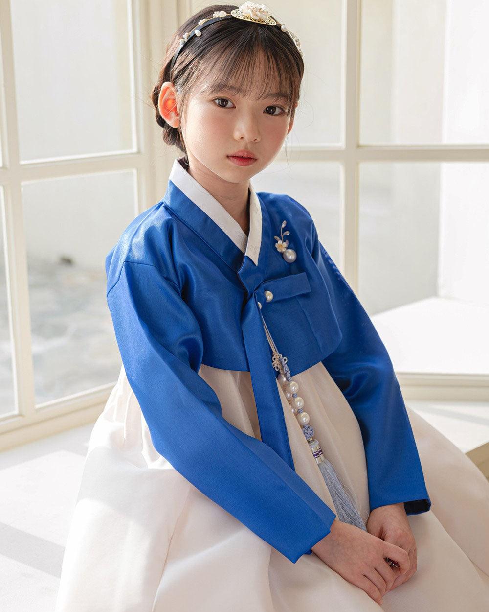 Yumin Blue Beige Girl Hanbok (100D-15YR) - Native Korean