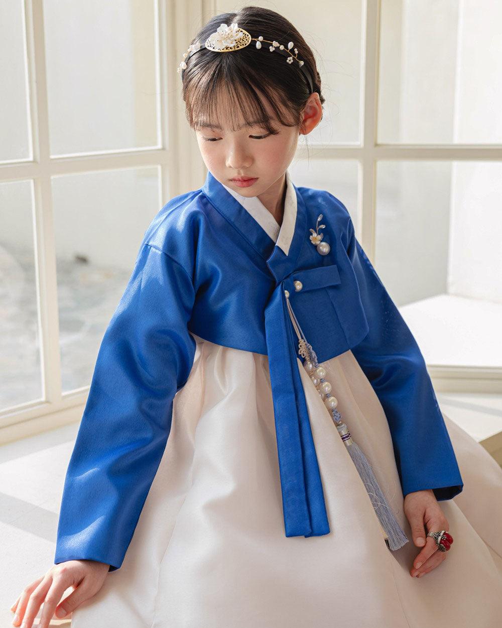 Yumin Blue Beige Girl Hanbok (100D-15YR) - Native Korean