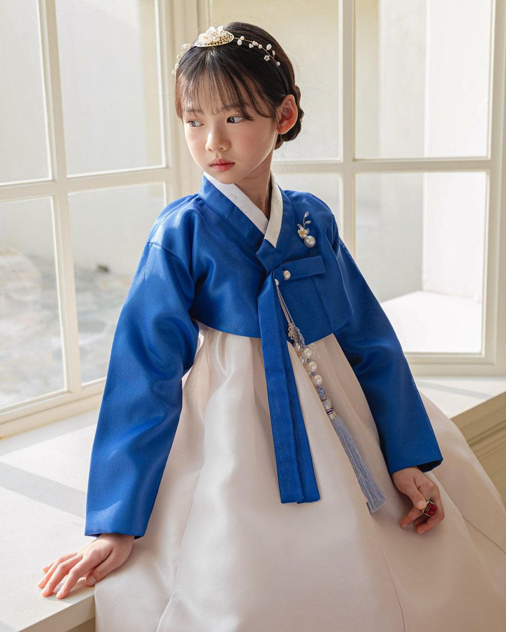 Yumin Blue Beige Girl Hanbok (100D-15YR) - Native Korean