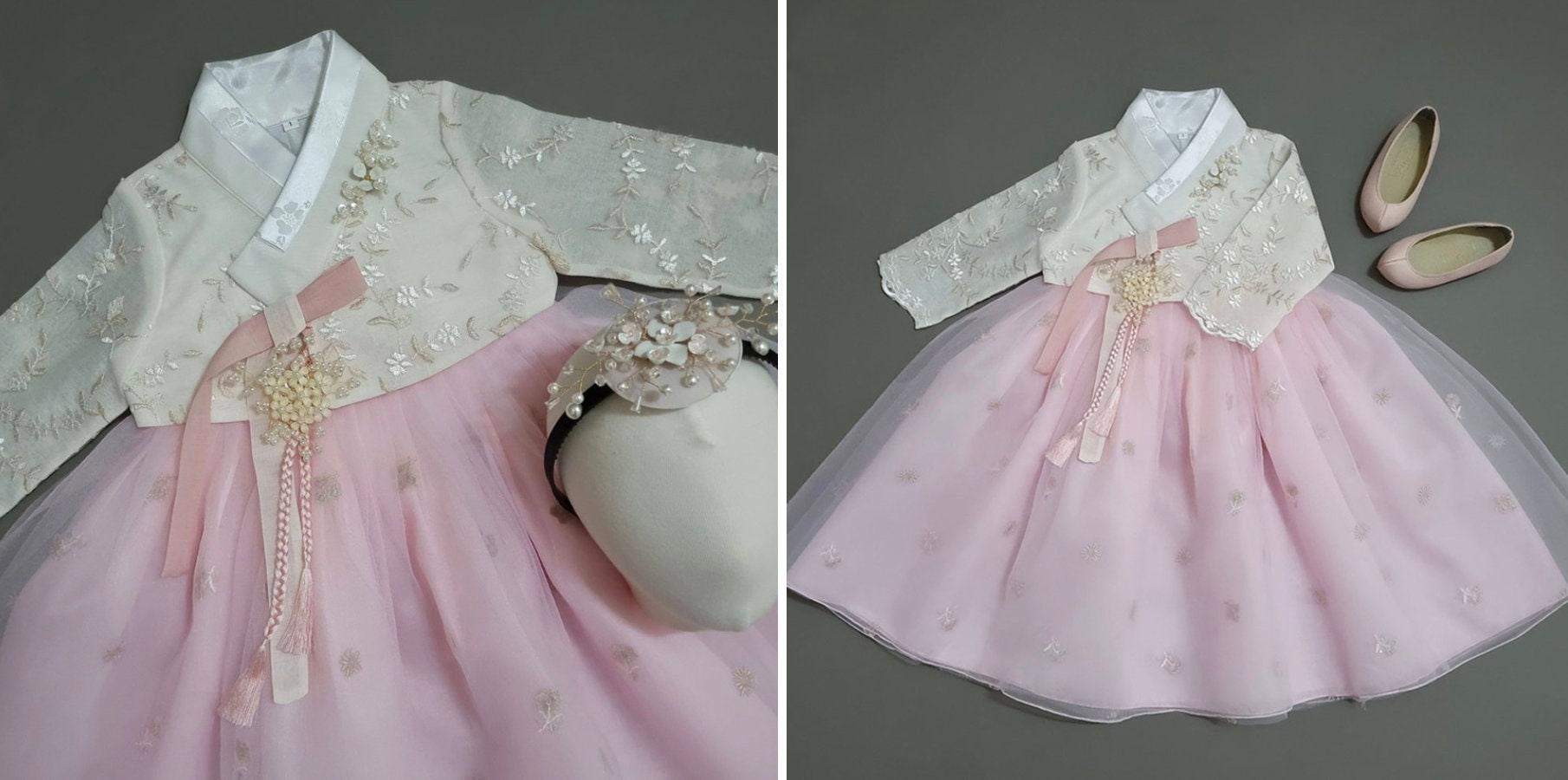 Pink Lace Dress Girl Hanbok (100D-10YR) - Native Korean