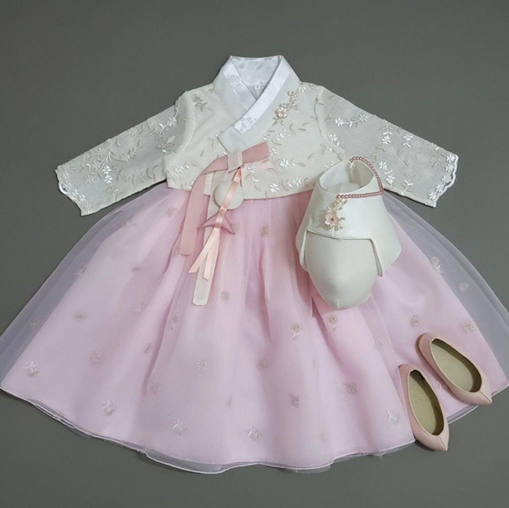 Pink Lace Dress Girl Hanbok (100D-10YR) - Native Korean