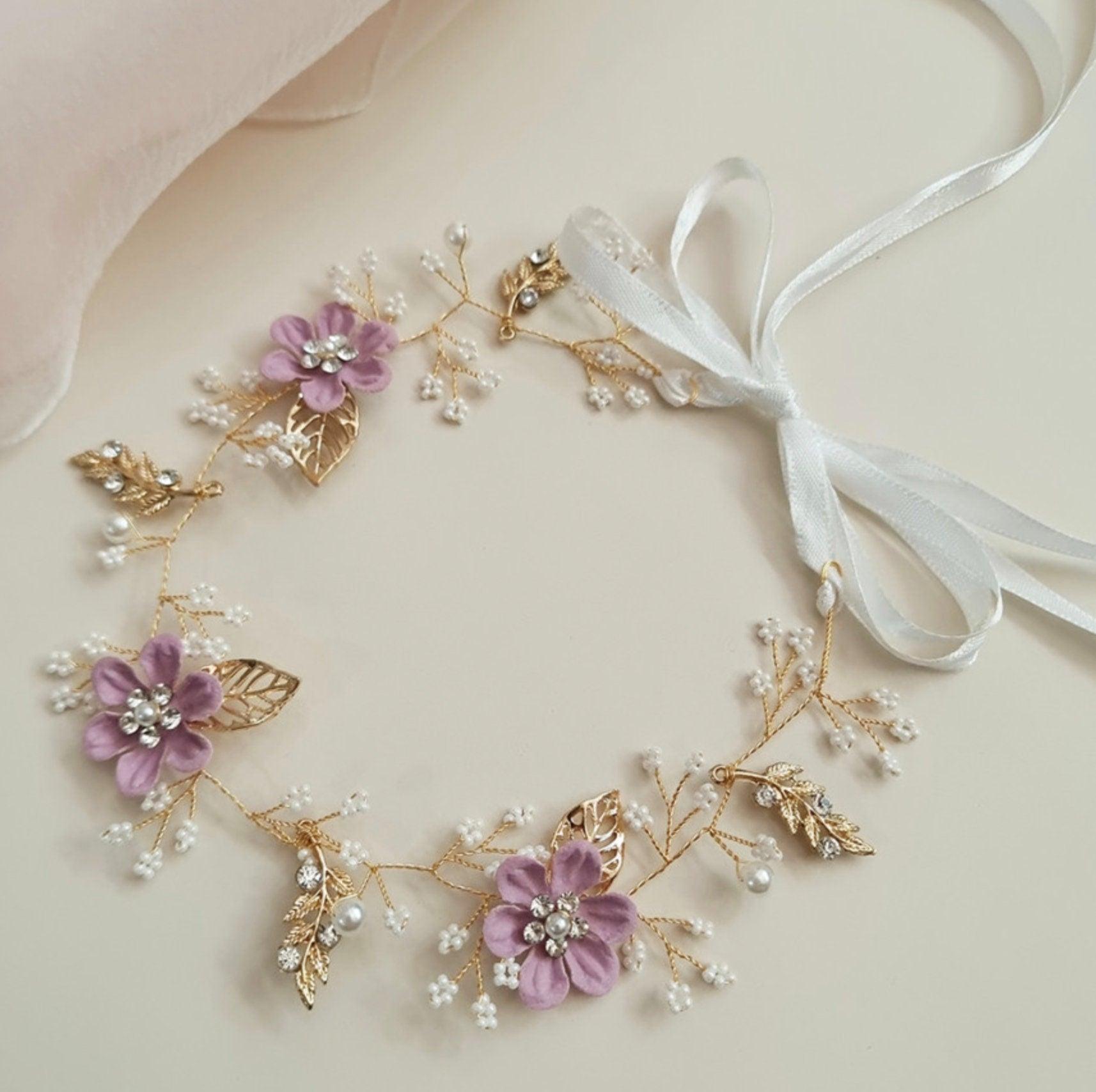 Purple Floral Crown Hairband w/ribbon - Native Korean