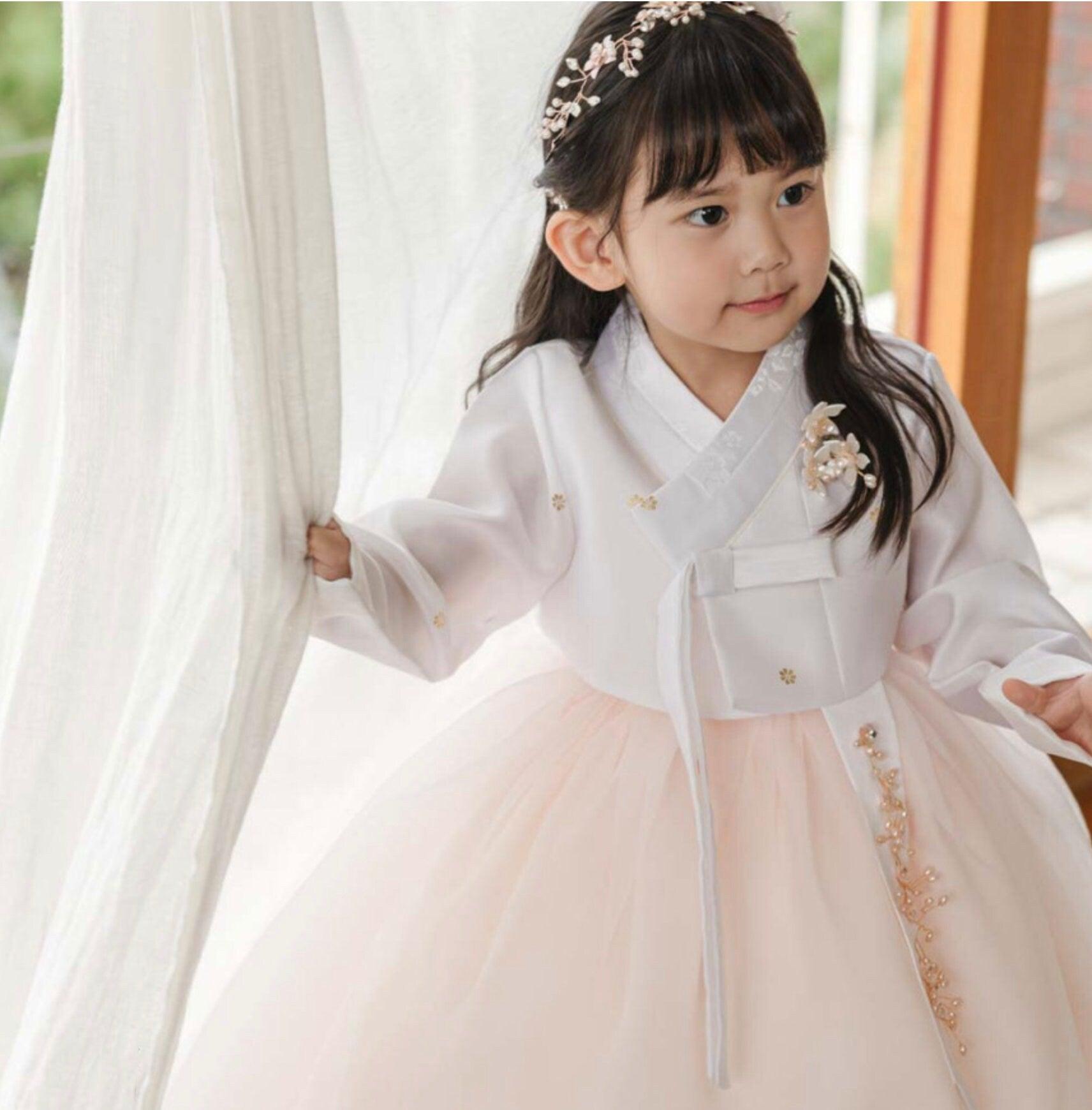 Ryu Ivory Peach Dress Girl Hanbok (100D-8YR) - Native Korean